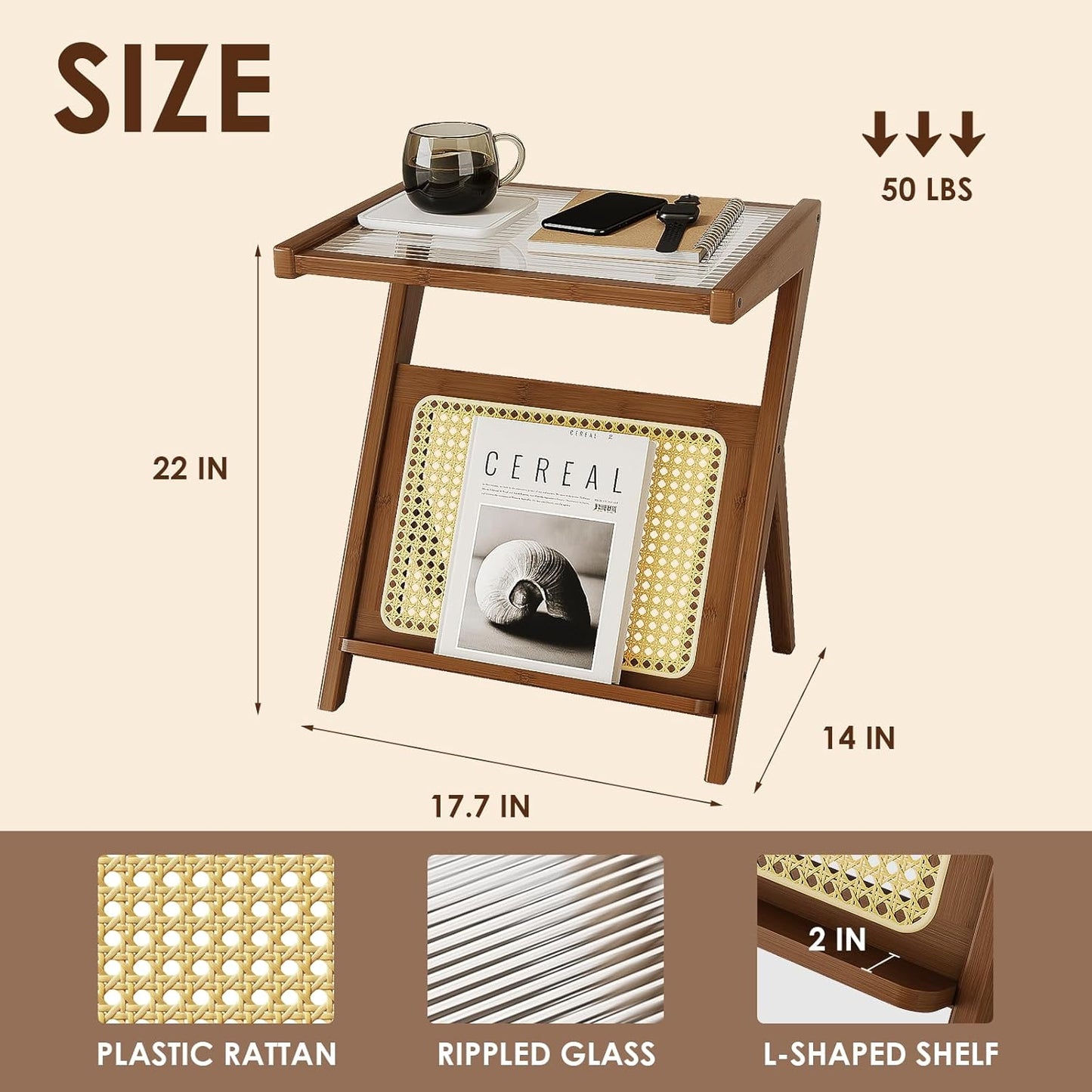 Rattan Side Table Boho Nightstand Mid Century Modern End Table Glass Bedside Table Small End Tables Bamboo Coffee Table with Storage Record Player Stand for Living Room Bedroom