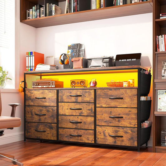 Dresser for Bedroom with 10 Drawers for 55" TV Stands for Living Room with LED Lights & Power Outlets Dressers with Shelves & Side Pockets Rustic Brown