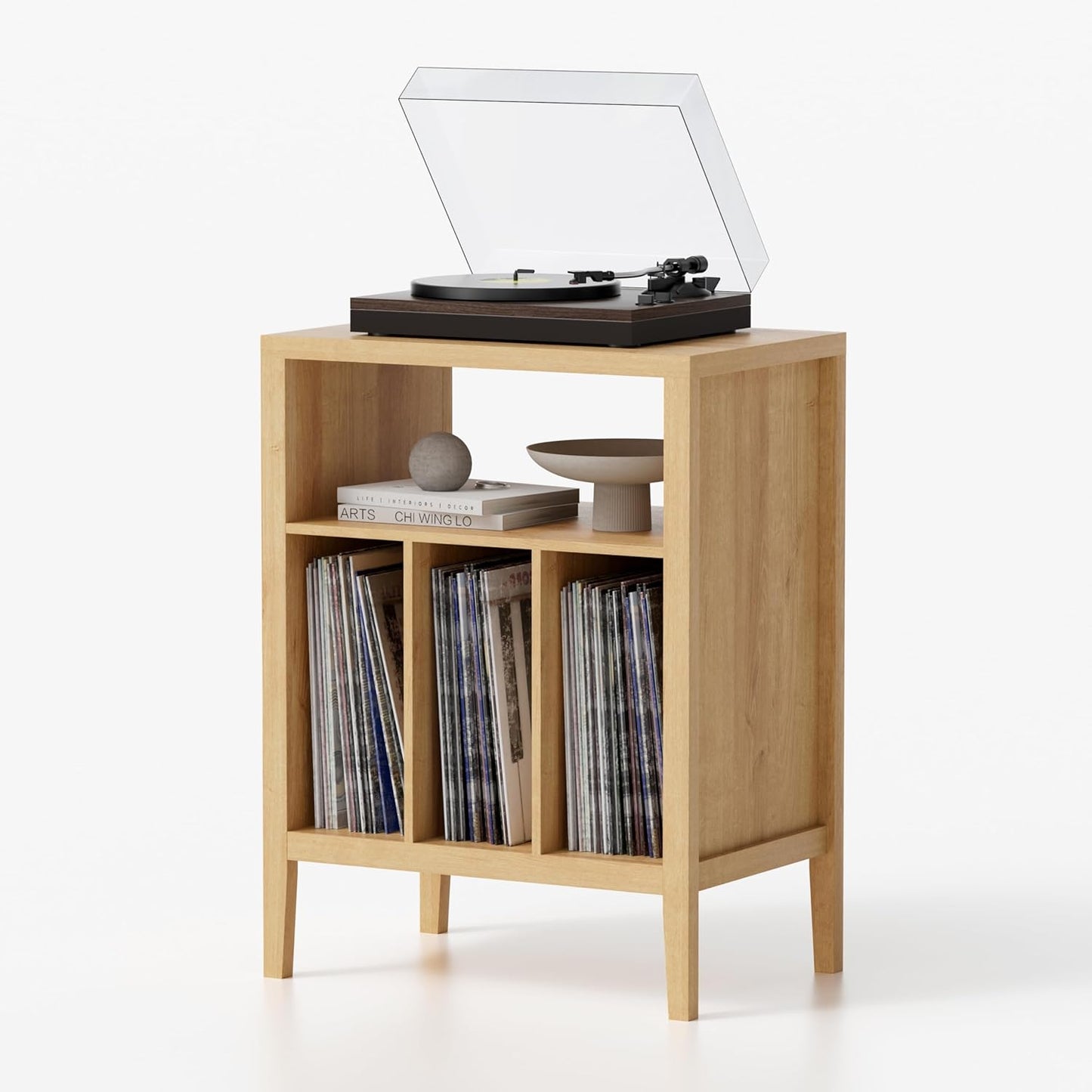 Record Player Stand with Vinyl Record Storage Holds up to 180 Albums, Large Turntable Stand Dispaly Shelf, Farmhouse Wood End Table for Bedroom, Living Room, Natural Oak