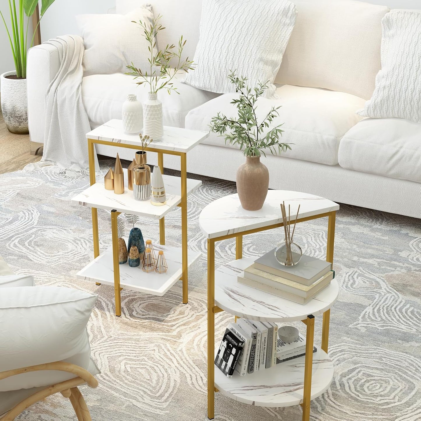 Coffee Table Set of 3,Rectangle Coffee Table&2 Accent Table,Faux Marble Tabletop,3 Piece Living Room Table Sets with Multi Tier Storage, for Small Space, Apartment,White & Gold (Lcts-Wg)