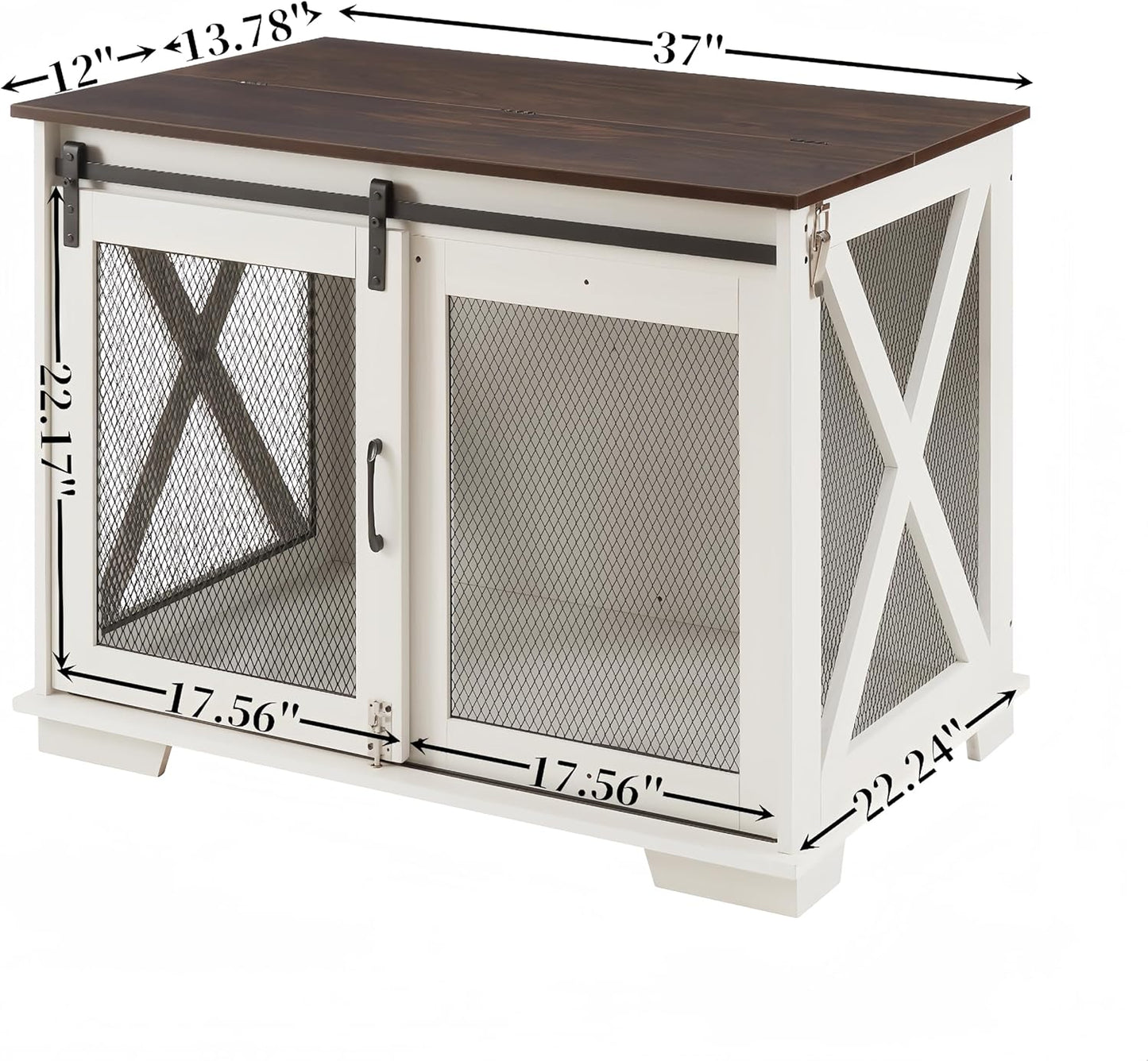Dog Crate Furniture with Sliding Barn Door, Dog Crate Tv Stand with Detachable Divider, Flip Top Plate Dog House, Decorative Side End Tablefor Small/Medium/Large Dog (White + Mdf+Meta)