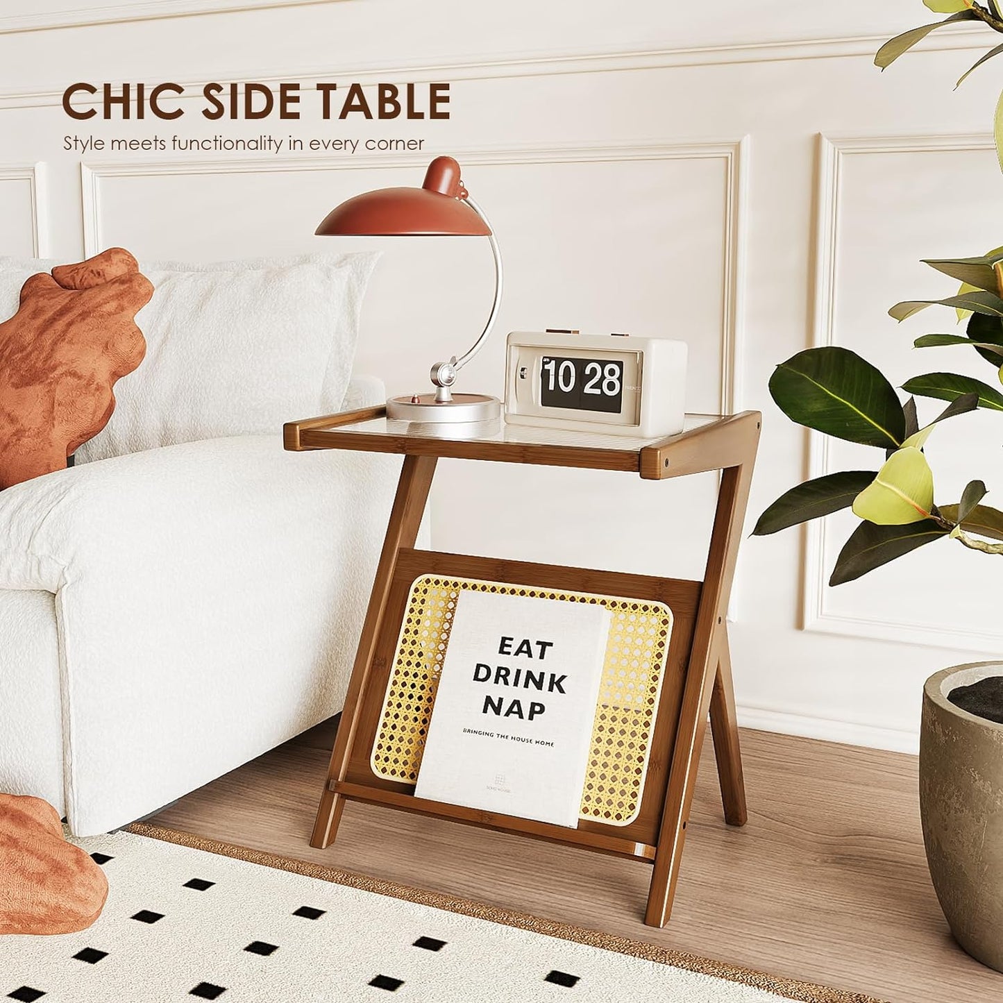 Rattan Side Table Boho Nightstand Mid Century Modern End Table Glass Bedside Table Small End Tables Bamboo Coffee Table with Storage Record Player Stand for Living Room Bedroom