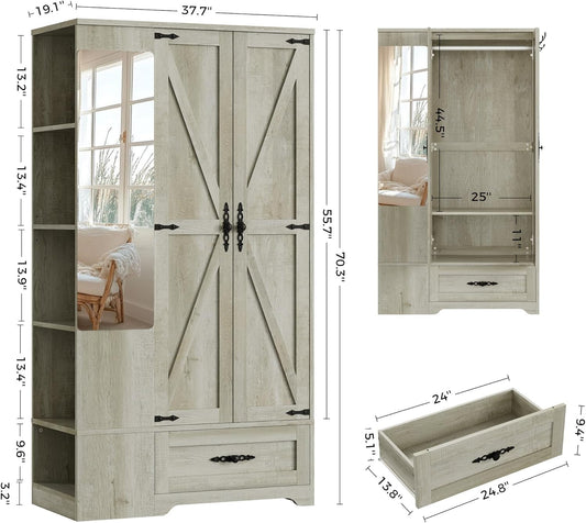 Armoire Wardrobe Closet with Mirror, 70" H Wooden Bedroom Armoires and Wardrobes with 2 Doors, 5 Shelves,Hooks and Drawer, Clothing Storage Cabinet with Hanging Rod, Rustic Maple