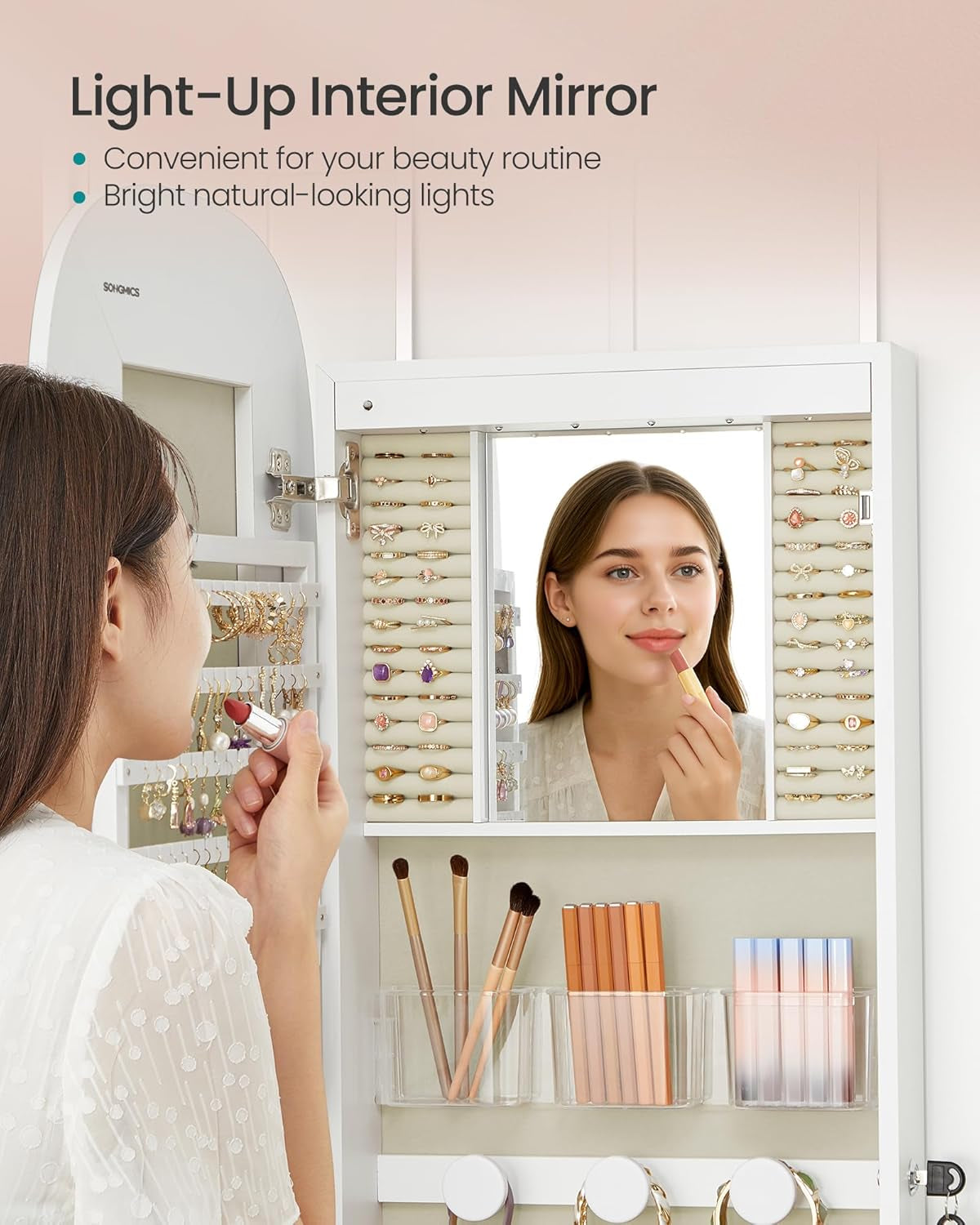 Jewelry Organizer, LED Jewelry Cabinet Wall/Door Mounted, Lockable Rounded Wide Mirror with Storage, Interior Mirror, 3.9 X 16.5 X 55 Inches, White Surface with Greige Lining