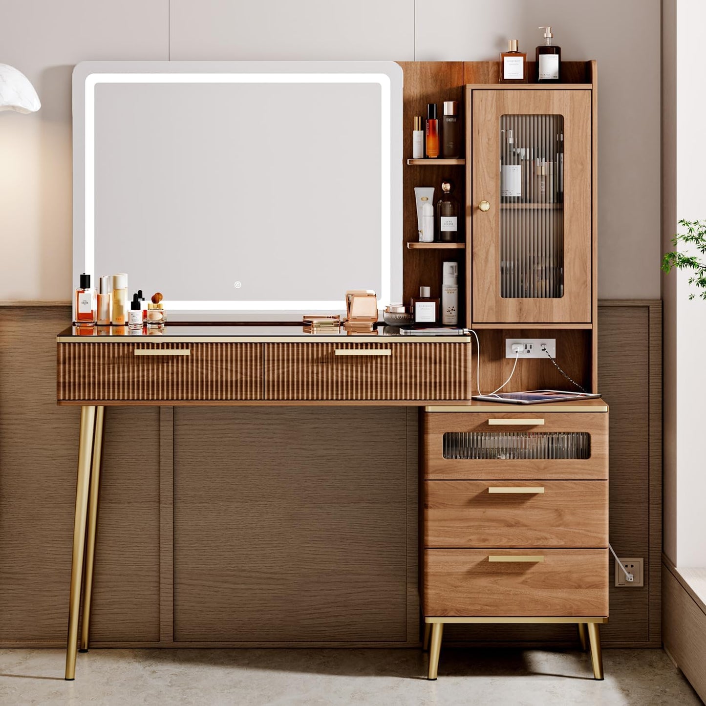 Vanity Desk with 29.53" HD Lighted Mirror, 47.24" Big Modern Vanity Desk with Mirror and Lights, Makeup Vanity with 5 Drawers and Storage Shelves and Charging Station, Brown