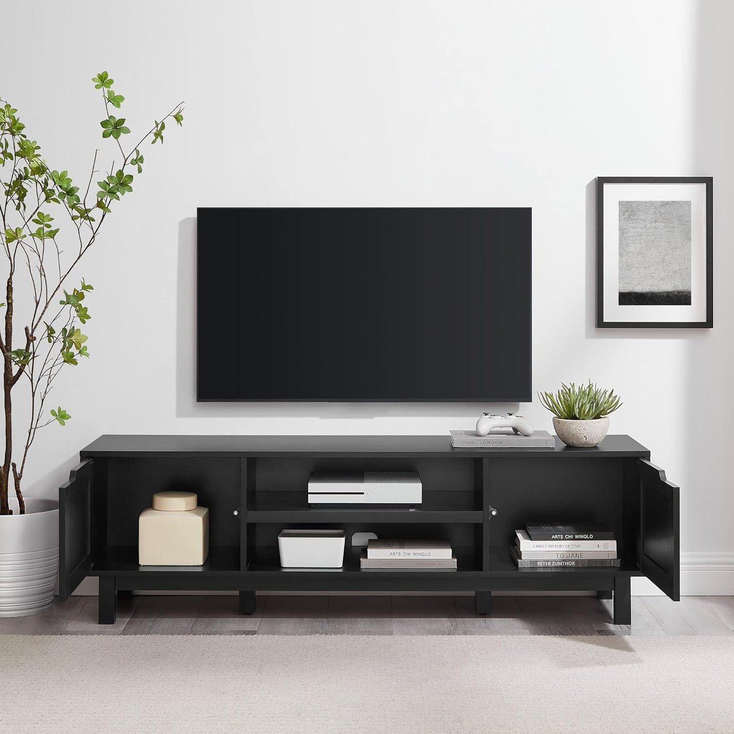 Tage Modern Pull-Open Door Low TV Stand for Tvs up to 65 Inches, 58 Inch, Solid Black