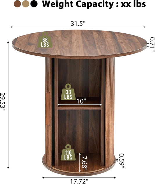 31.5" round Dining Table for 2-4, Modern Farmhouse Kitchen Table with 2-Tier Storage Shelf, Small Wooden Circle Dining Tables with Fluted Base for Home Dining Room Living Room (Walnut)
