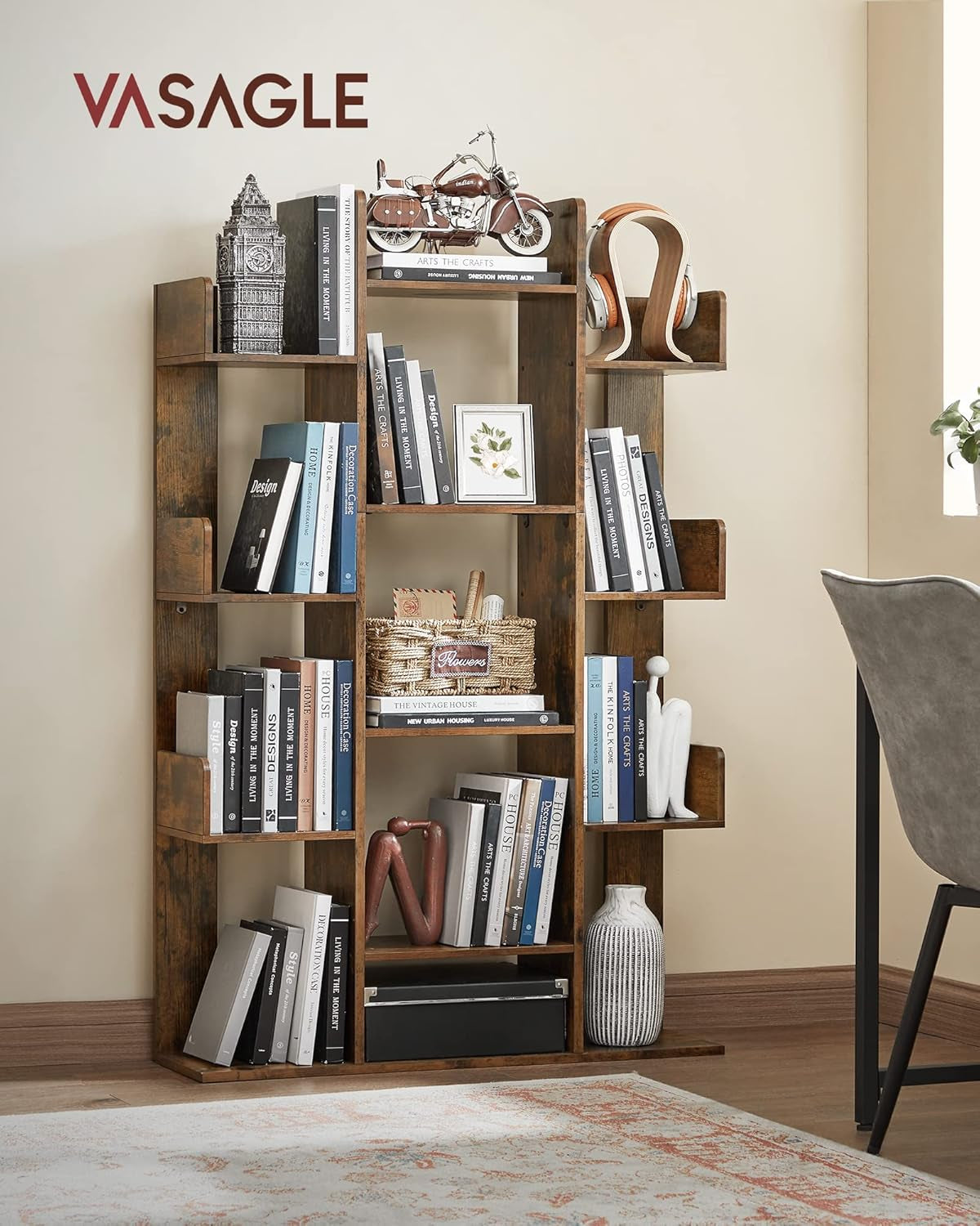 Tree-Shaped Bookcase with 13 Shelves and 5-Tier Freestanding Bookshelf, White Storage Shelving