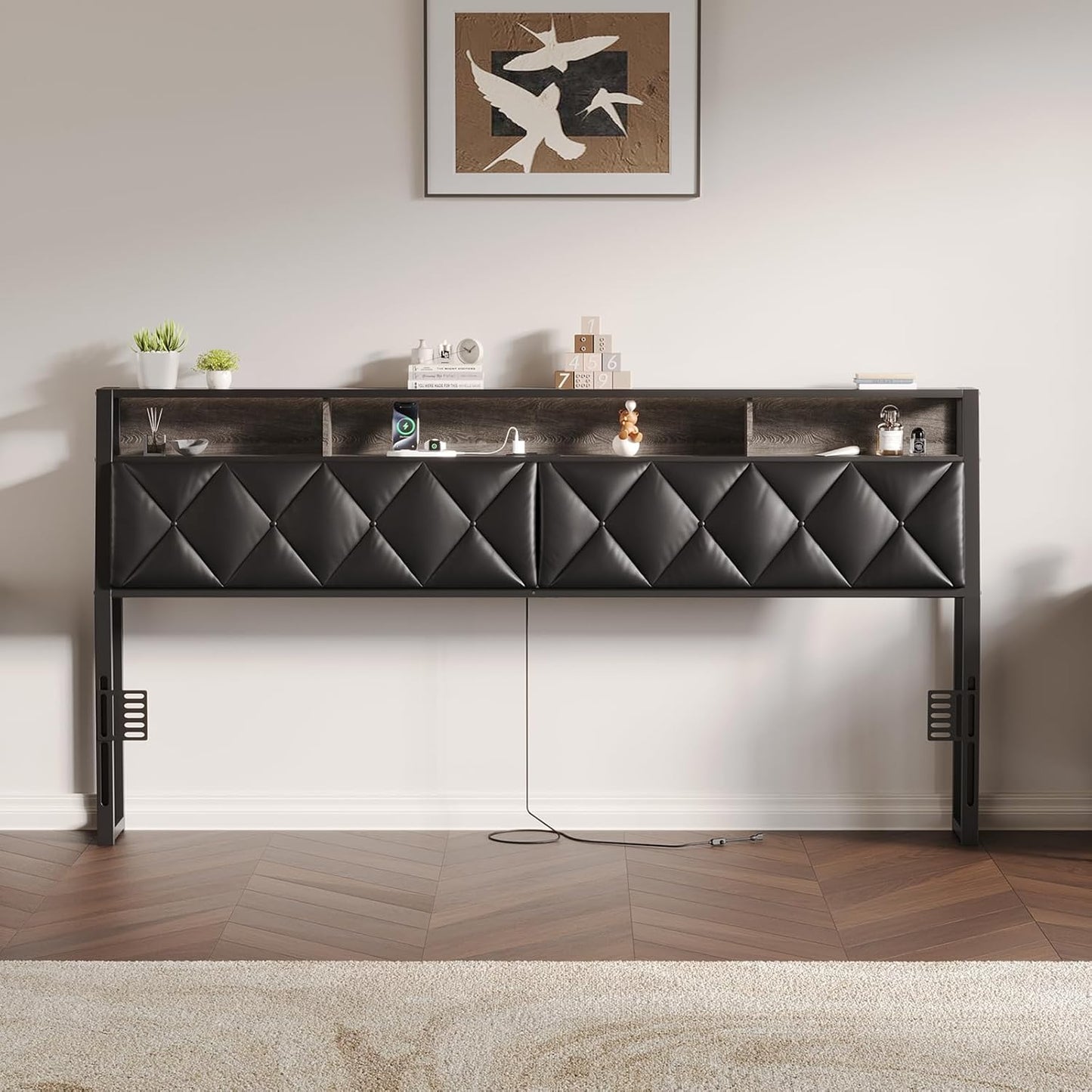 Queen Headboard Only, Headboard for Queen Size Bed with Storage, Upholstered Headboards with LED Lights & Charging Station, Attach Frame, Ideal for Bedroom/Dorm/Guest Room, Black, Faux Leather