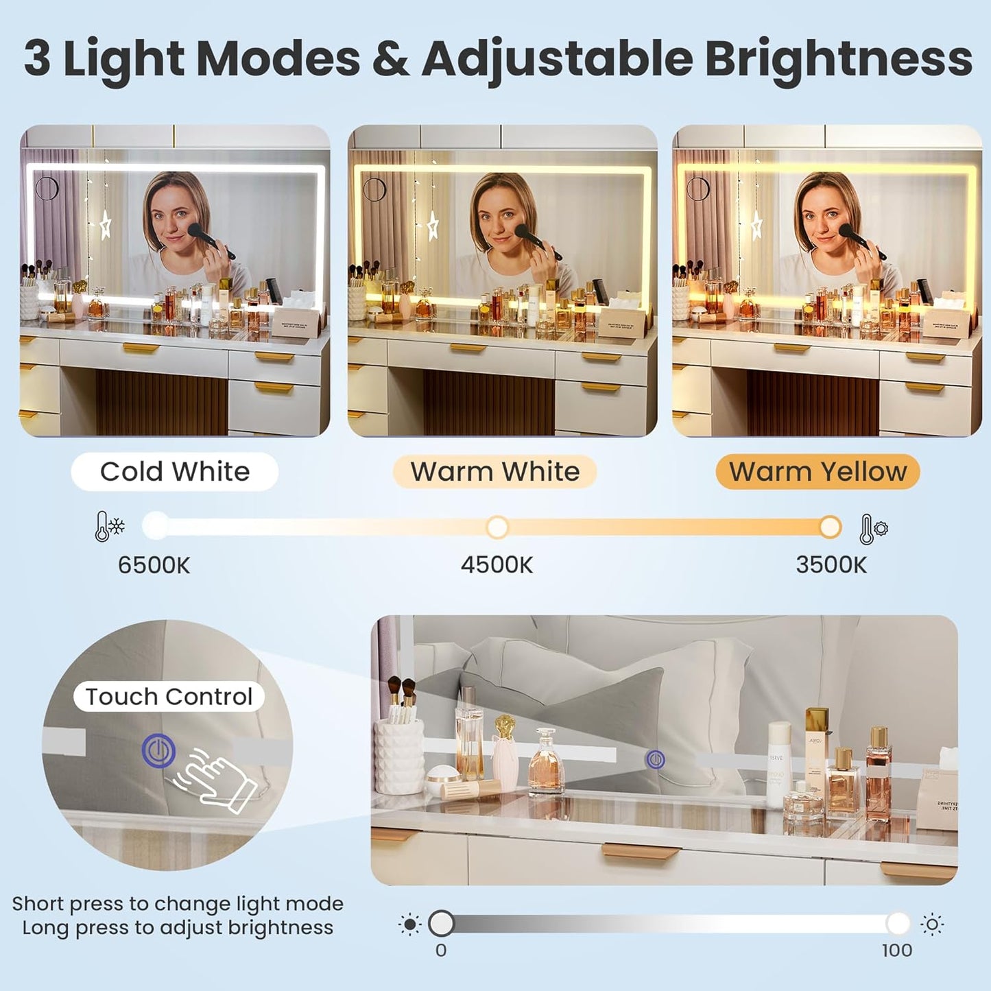 Glass Top Vanity Desk with Mirror and Lights, 11 Drawers Makeup Vanity with Charging Station and Chair, Golden Handles Dressing Table, 3 Lighting Modes Makeup Table, White