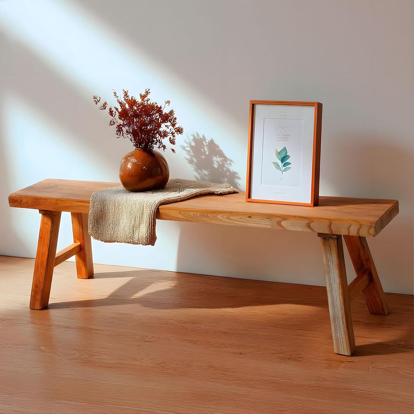 Farmhouse Indoor Wooden Living Room Dining Bench, Asian Natural Wood Kitchen Entryway Benc with Armless Design and Short Height, Solid Wood Shoe Bench Entryway Benches (31.5 * 10.2 * 17.7)
