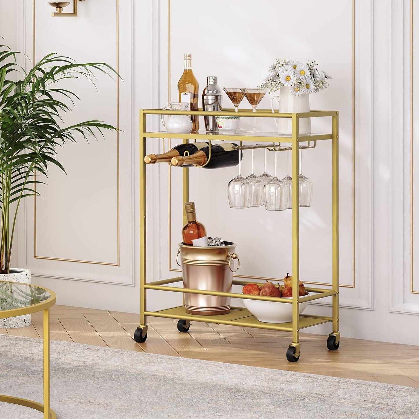 Gold Bar Cart, Beverage Cart with Wheels, Bar Cart for the Home, 2-Tier Drink Cart with Wine Rack and Glass Holder, Kitchen, Dining Room, Gold RCJ63B01Z