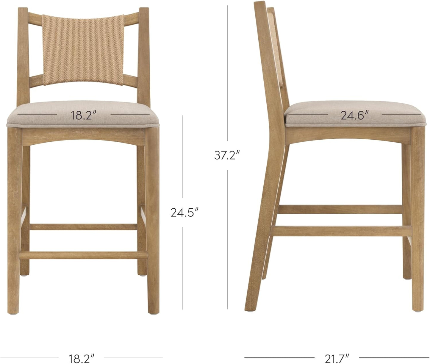 Elodia Boho Counter Height Bar Stool with Back, Woven Seagrass Backrest and Solid Wood Frame, Light Brown