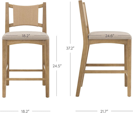 Elodia Boho Counter Height Bar Stool with Back, Woven Seagrass Backrest and Solid Wood Frame, Light Brown