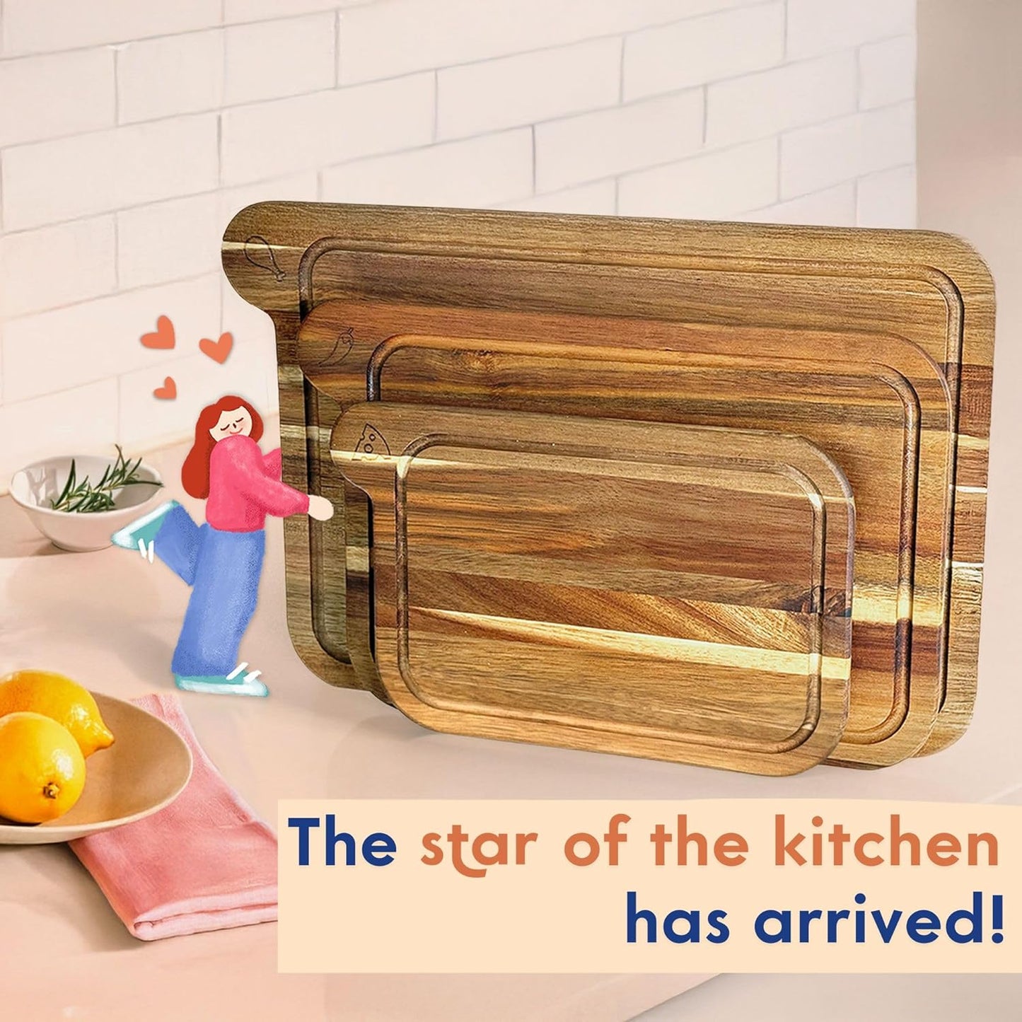 Non Toxic Cutting Boards - Cutting Board Set Free of Mineral Oil, Made of FSC Acacia Wood - Cutting Boards for Kitchen - Includes 3 Chopping Boards. by