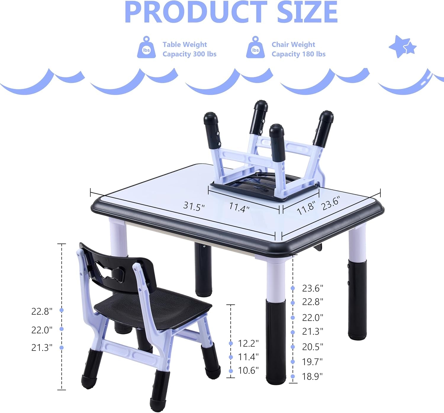 Kids Table & Chairs Set (2 Chairs), Height Adjustable Toddler Table and Chair Set for Kids Ages 3-8 with Graffiti Desktop, Learning & Art Activity Desk for Classroom, Home, Daycare (Black)