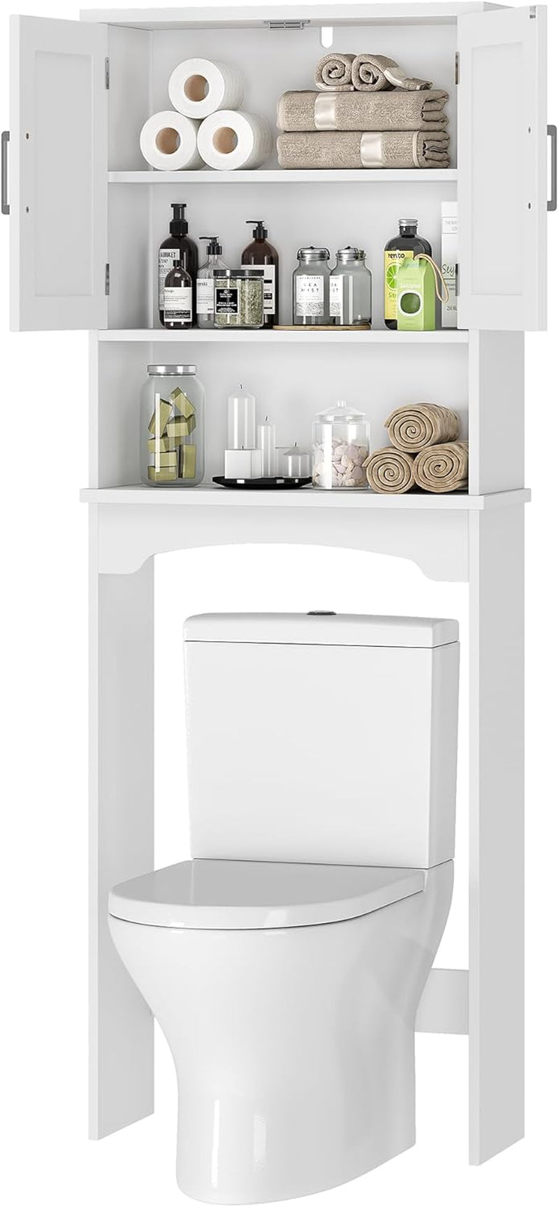 over the Toilet Storage Cabinet, Double Door Bathroom Storage Organizer with Anti-Tip Device, Small Freestanding Space Saver with Open Shelf,White