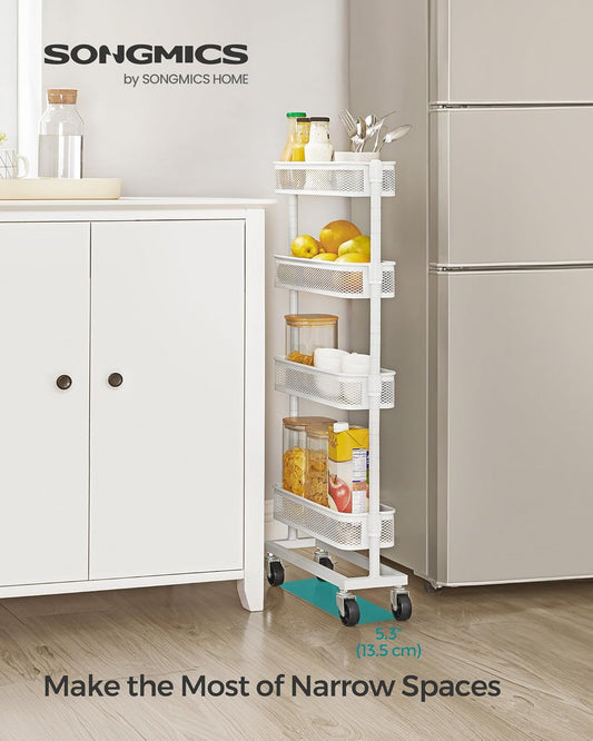 Slim Storage Cart, 4-Tier Metal Rolling Cart with Wheels, Flexible Baskets, Narrow Cart for Kitchen, Bathroom, Laundry Room, Easy Assembly, White UBSC065W01