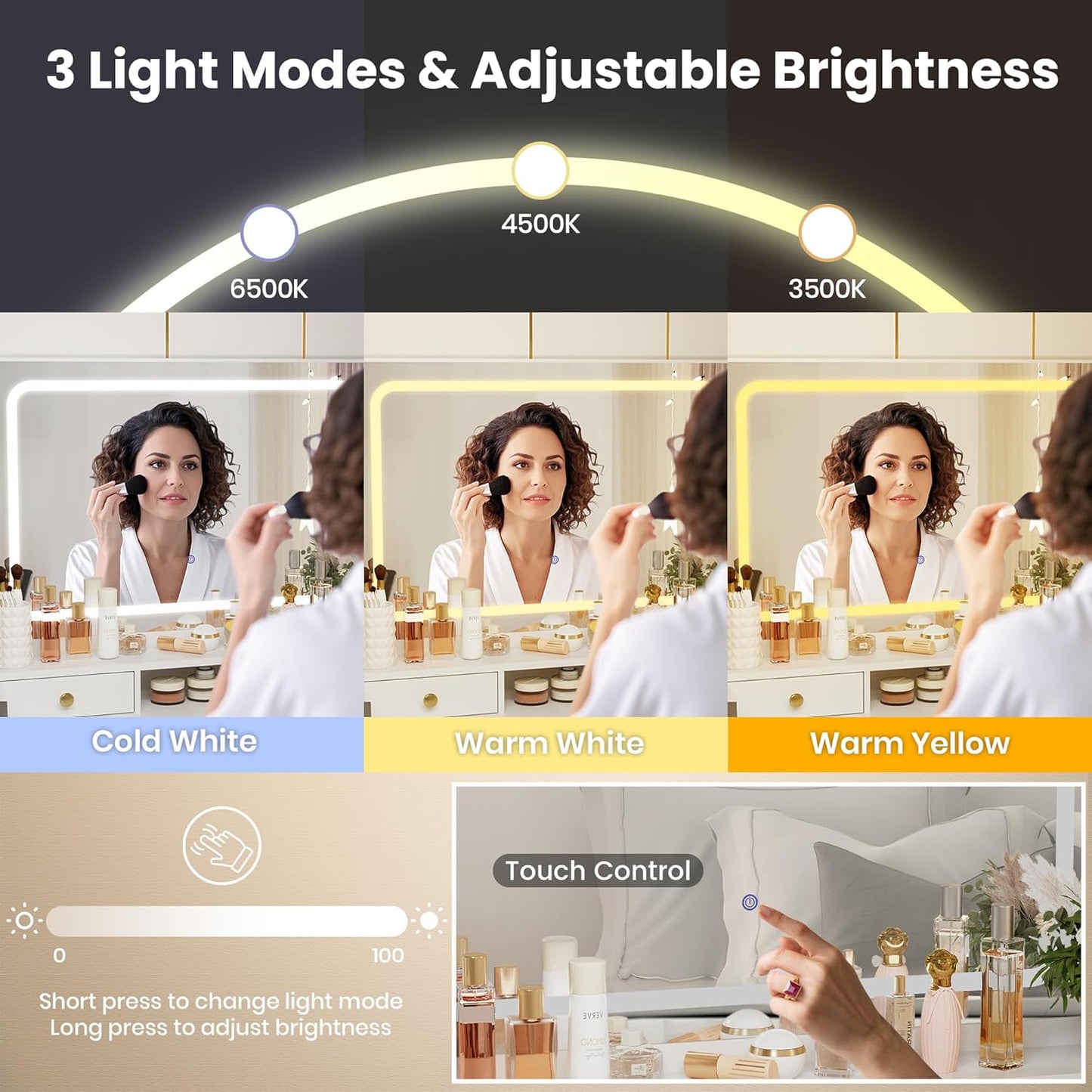 Vanity Desk with Mirror and Lights,4 Drawers Golden Handles Makeup Vanity with Storage Stool,Power Outlet,3 Lighting Modes,Silent Slides