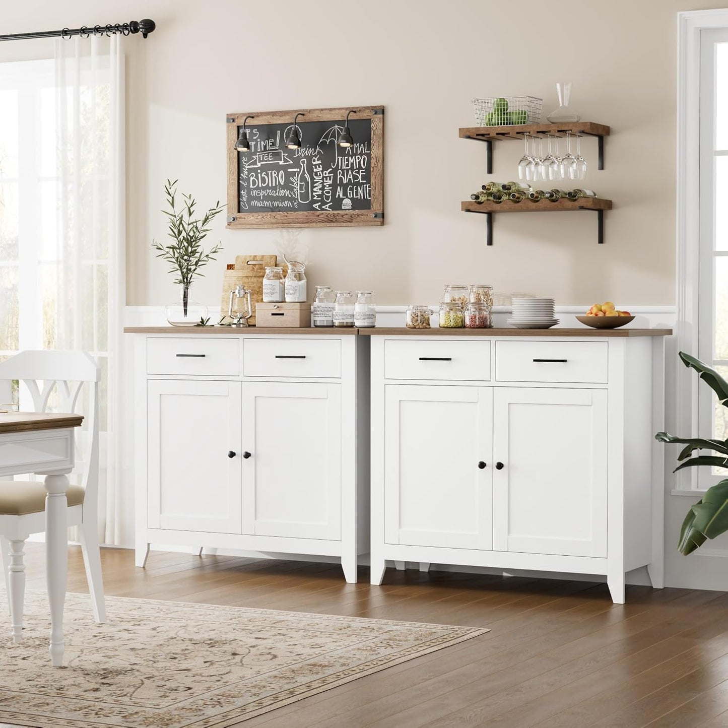 Kitchen Storage Cabinet, Modern Farmhouse Buffet Cabinet with Storage, Coffee Bar with 2 Drawers and 2 Doors, Floor Sideboard Buffet for Living Room, Dining Room, Bathroom, Ivory White