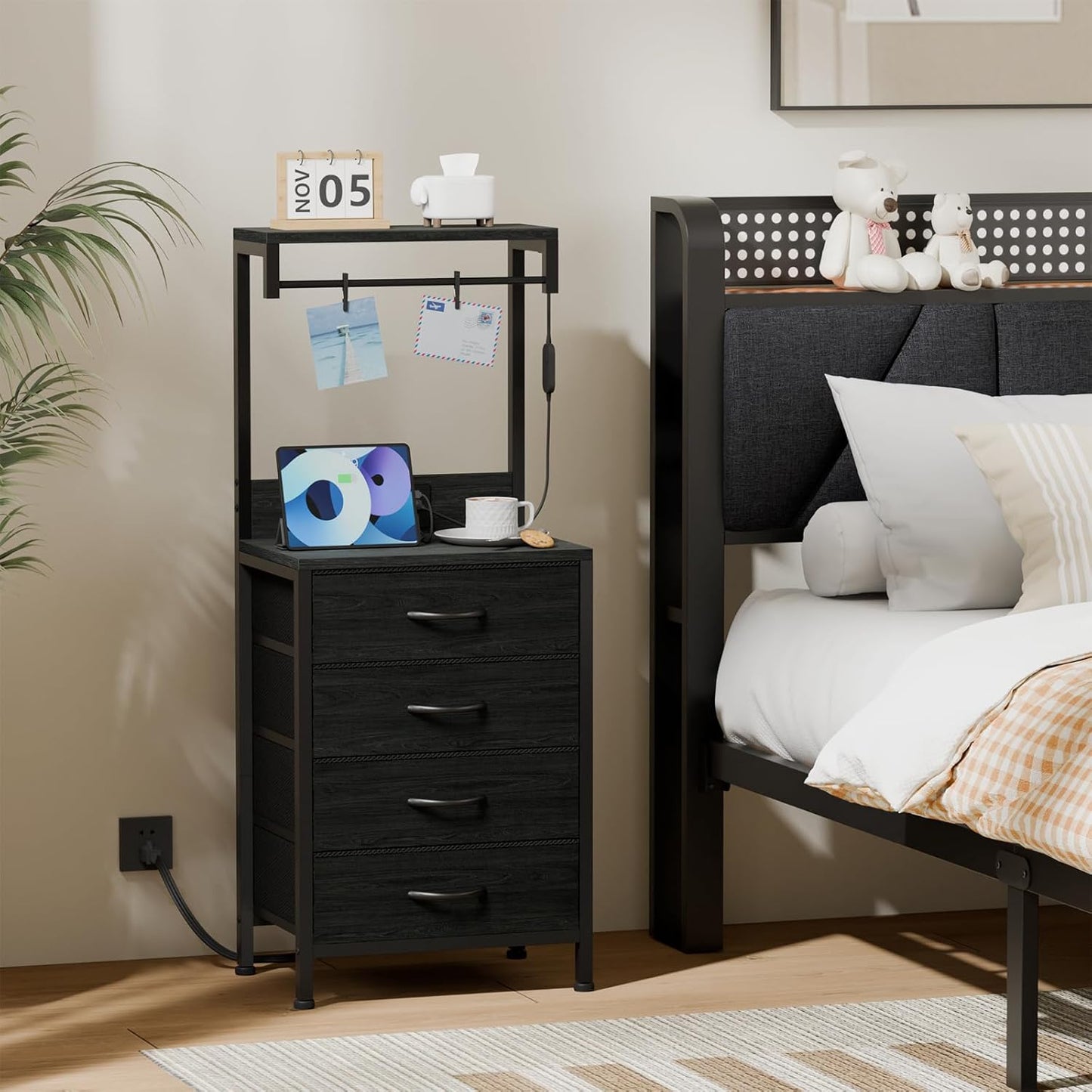 Tall Nightstand with Charging Station, Night Stands with LED Lights and Storage Shelves, Bed Side Table for Bedroom, Hallway, Office, 4 Fabric Drawers (Black Oak)