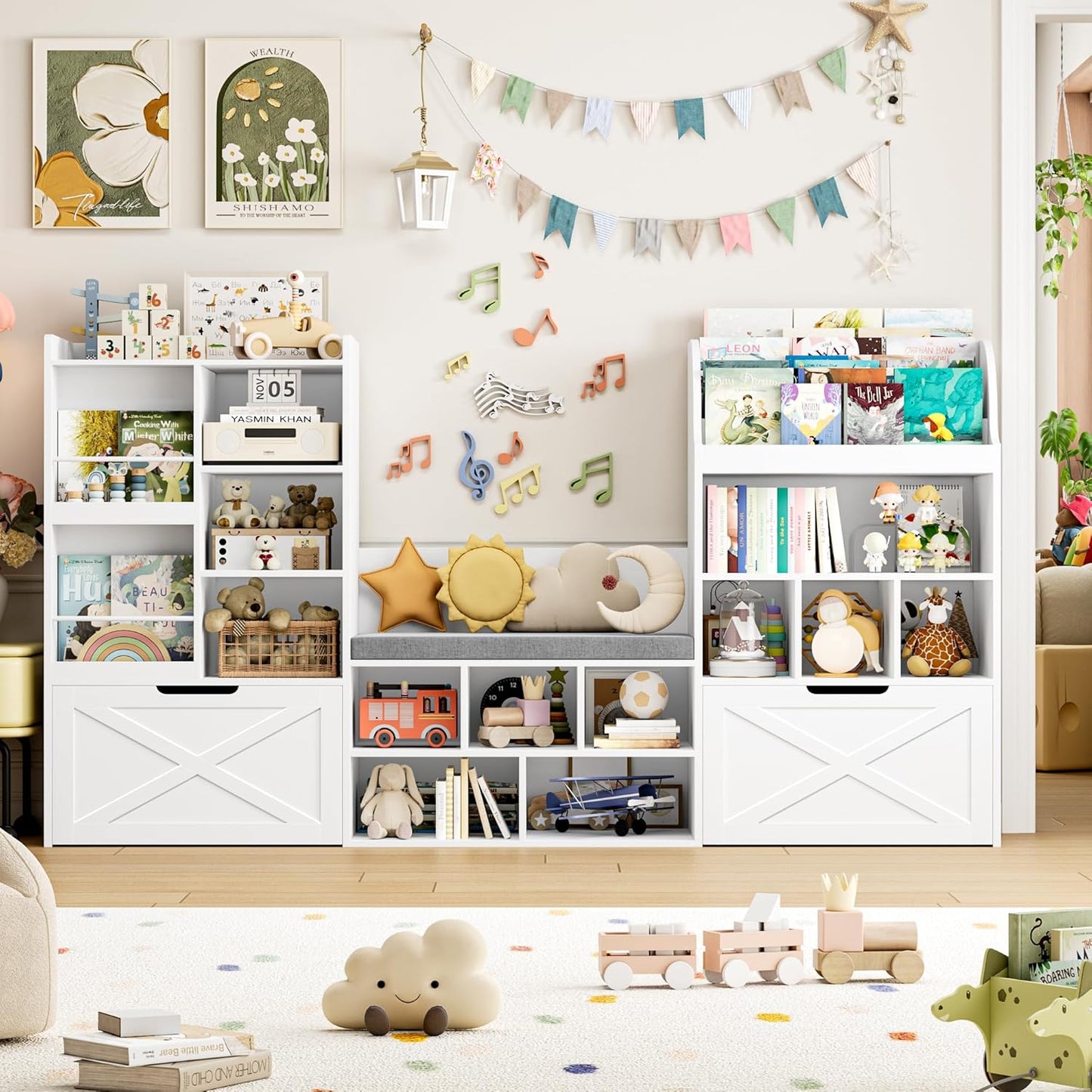 75” W Kids Bookshelf with Reading Nook, Large Toy Storage Toy Organizer with Seat Cushion and 2 Movable Drawers, Kids Reading Nook Kid Bench for Playroom Living Room, White