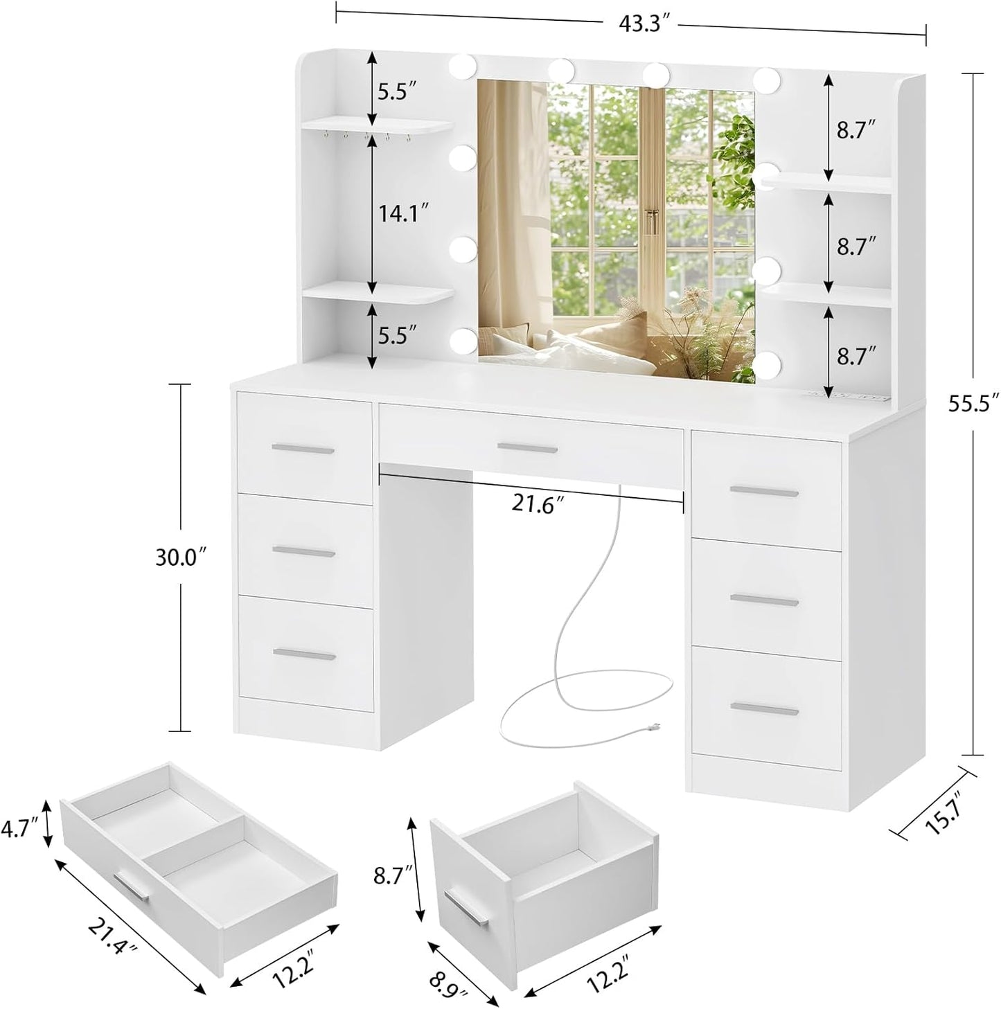 Large Vanity Desk with LED Lighted Mirror & Power Outlet,Makeup Vanity Table with 7 Drawers,4 Shelves and 5 Hooks,Vanity Table, Vanity Desk Set for Bedroom,Bathroom,White