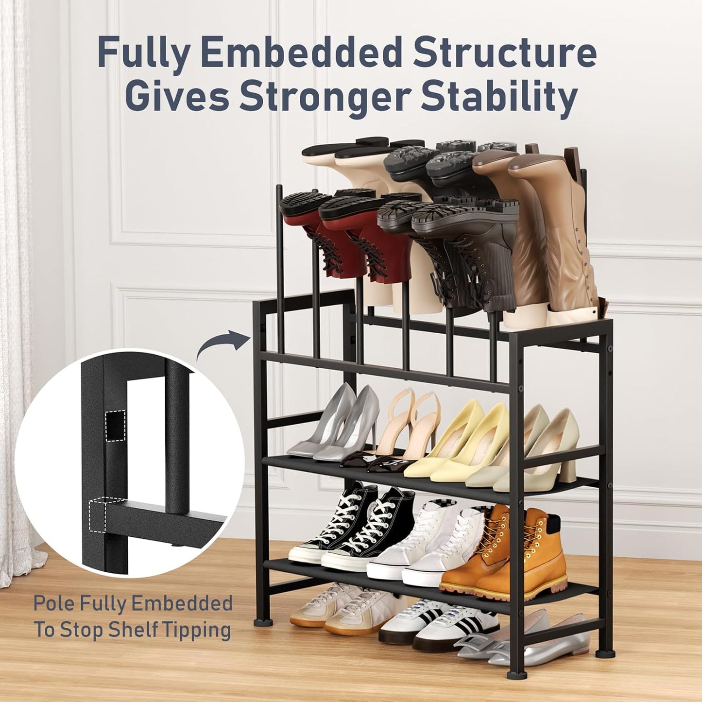Boot Rack 4-Tier - Black Metal Boot Storage Rack for Tall Boots Organizer Tall Boots, Multiuse Shoe Rack for Boots, Sneakers, High-Heel, Entryway, Fits 6 Pairs