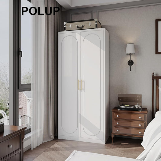 Metal Wardrobe Cabinet for Hanging Clothes, 71" Tall Armoire Wardrobe Closet with Hanging Rod, White Clothing Storage Cabinet with Doors and Shelves, Large Closet for Bedroom-Assemble Required