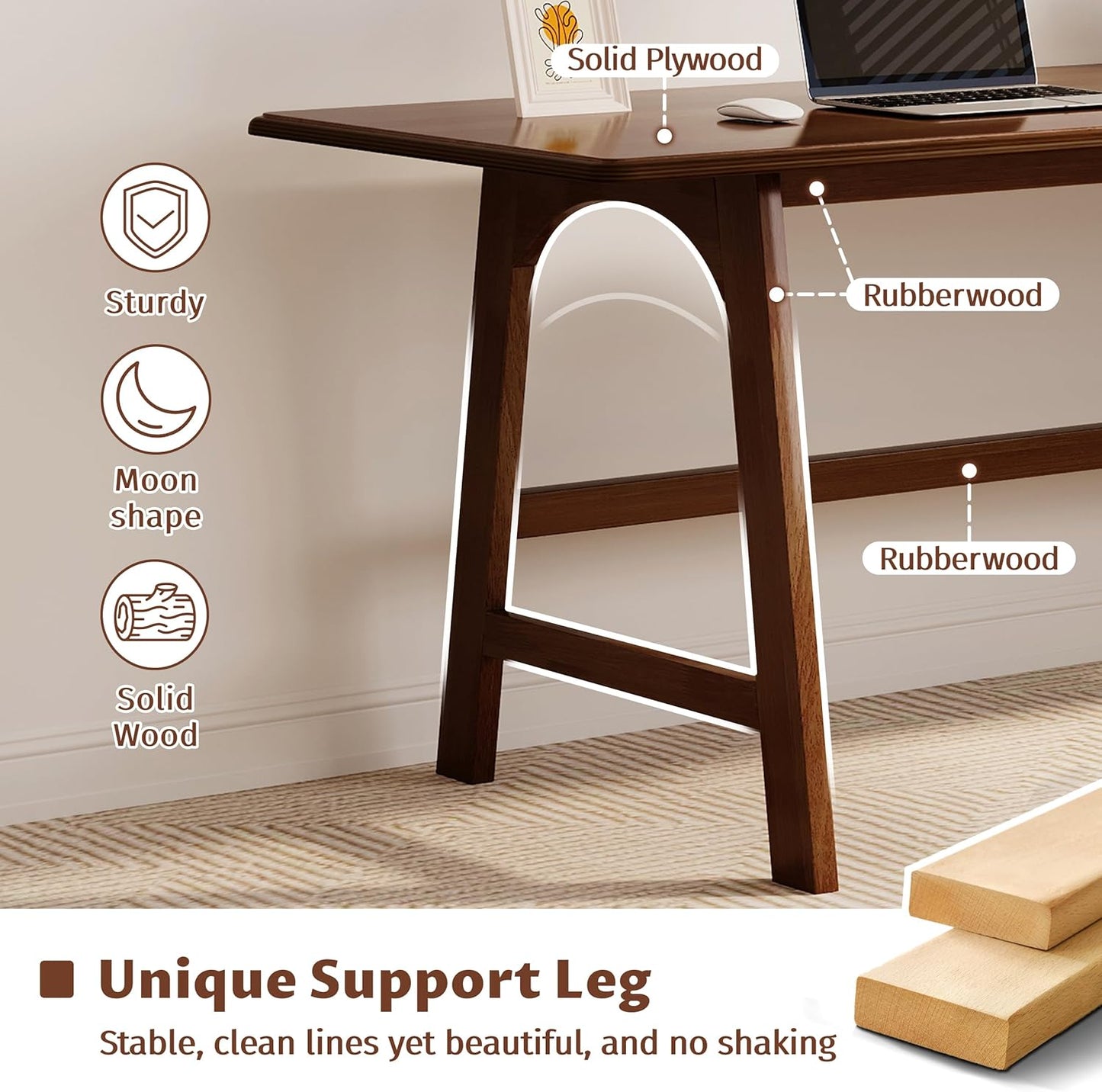 Solid Wood Writing Table - 48" W X 24" D Minimalist Computer Desk for Home Office, Work, Study, Creativity, and PC Workstation, Walnut