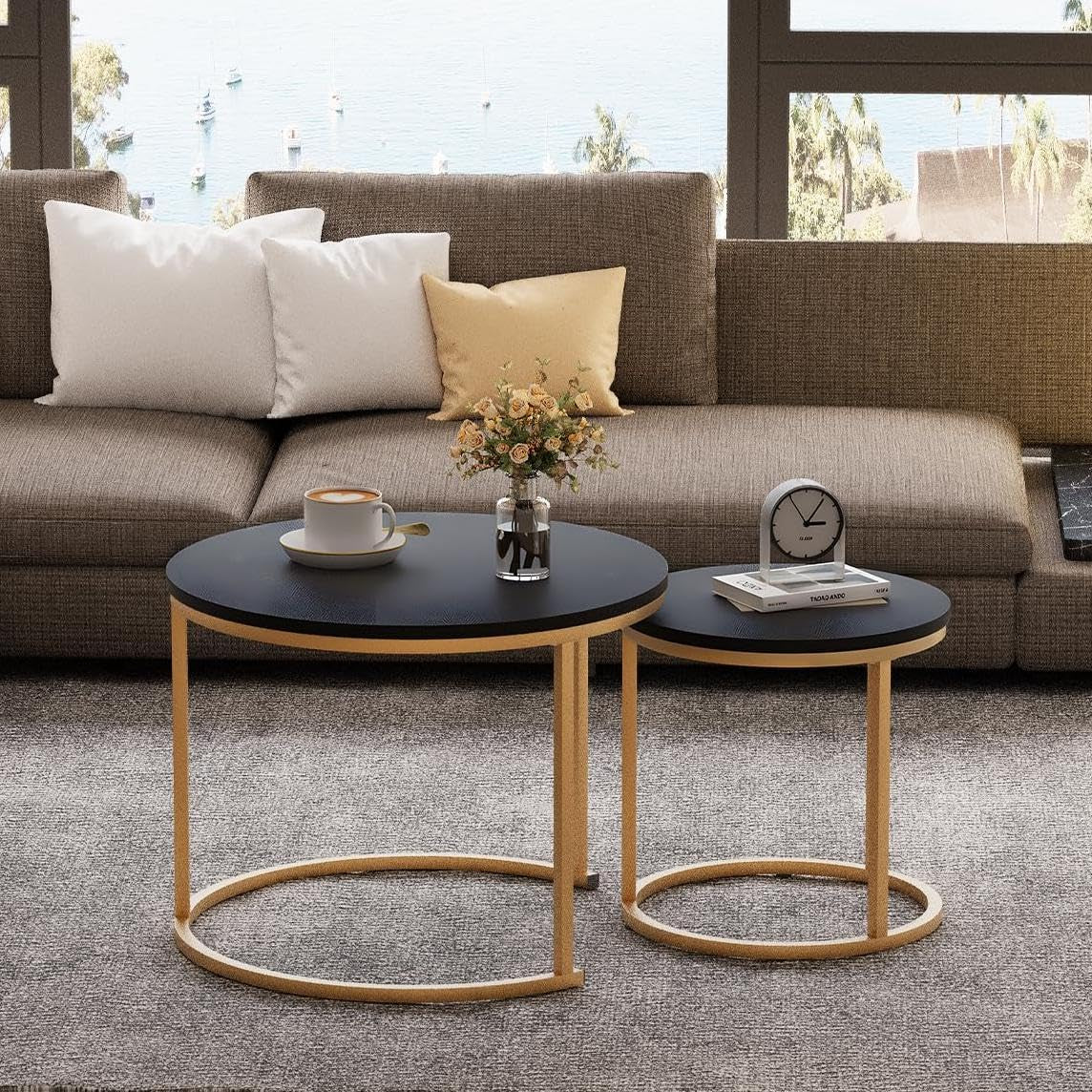 Set of 2 black round wooden nesting coffee tables with metal frame, view 4
