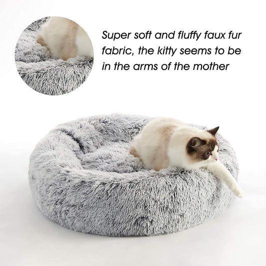 Calming Dog & Cat Bed, round Soft Anti-Anxiety Donut Cuddler Warming Cozy Fluffy Faux Fur Plush Cushion Bed for Small Medium Dogs and Cats (20"/24"/27"/30"), Light Grey