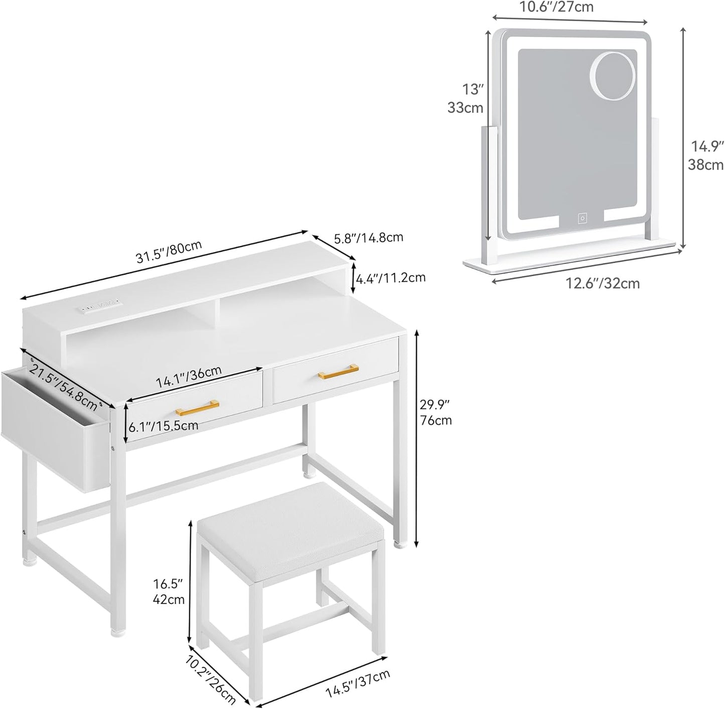 Makeup Vanity Desk with 3-Color Dimmable Lighting Mirror, Vanity Table with 2 Fabric Drawers, Stool, RGB Light Strip & Charging Station, Modern Makeup Desk Set for Home Office, Cream White
