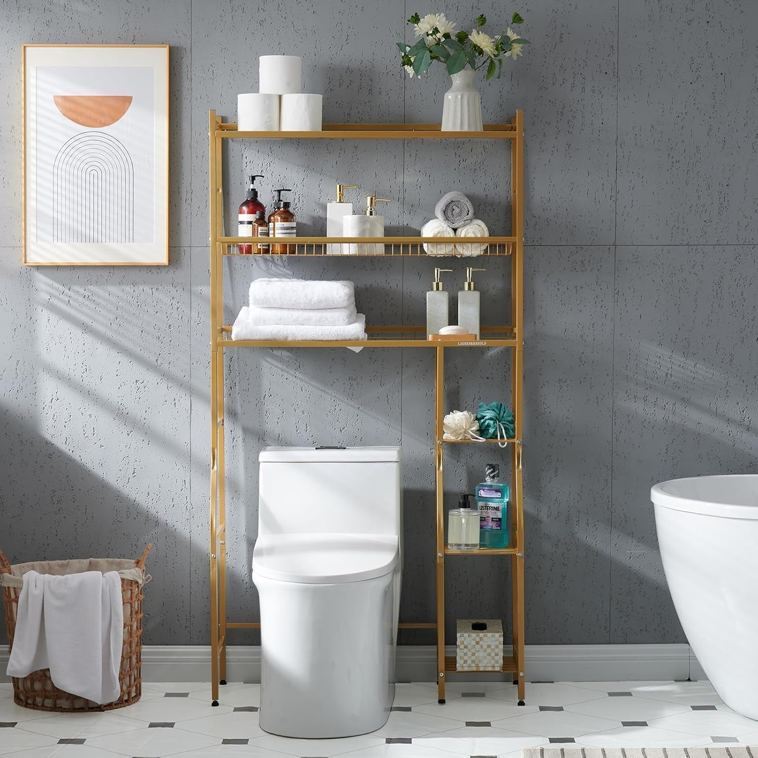 over Toilet Bathroom Organizer 33",6-Tier over the Toilet Storage Cabinet,Over the Toilet Storage Shelf for Restroom,Laundry (Champagne Gold)