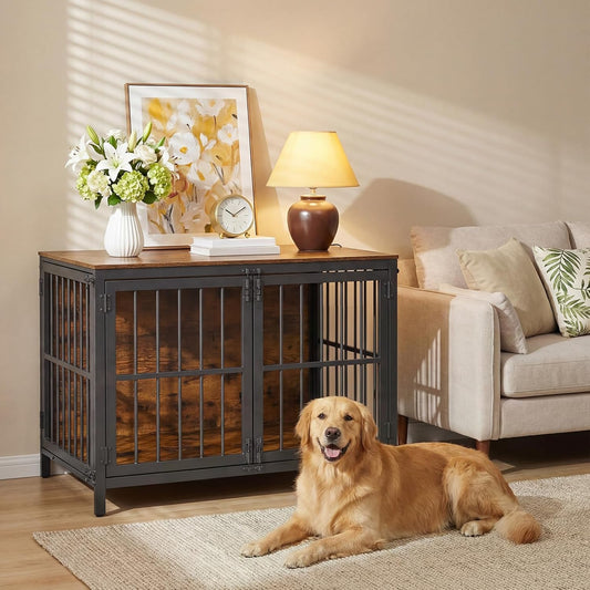 Heavy Duty Dog Crate Furniture, 39.4" Wooden Indoor Kennel with 3 Doors, Chew Resistant Metal Cage for Medium and Large Breeds, Dog Crate Side Table, Black and Rustic Brown BF101GW03