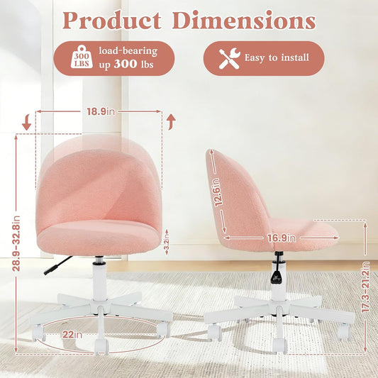 Pink Vanity Chair with Wheels - Swivel Makeup Chair Small Computer Chair with Back Adjustable Height Desk Chair for Girl & Woman, Cozy Fuzzy Velvet Chair for Bedroom & Home Office