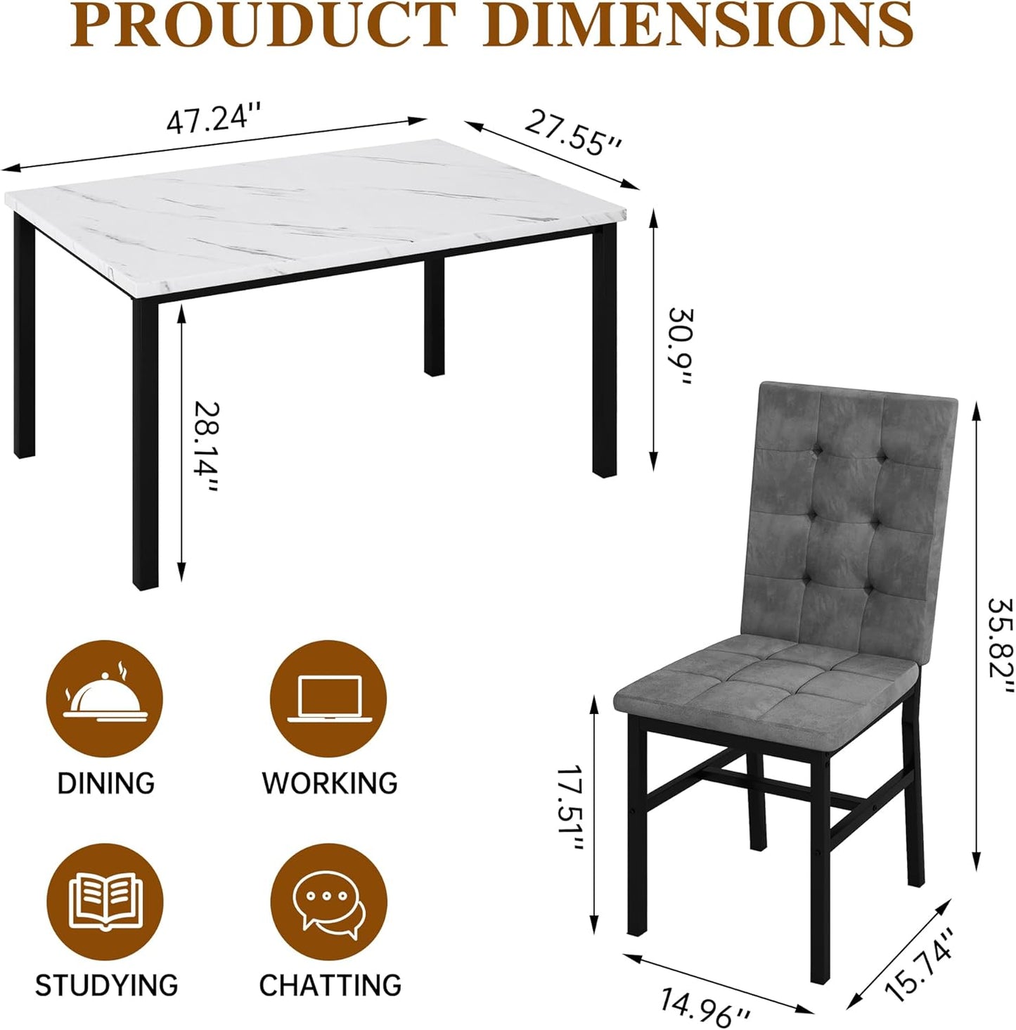 Dining Table Set for 4,Faux Marble Kitchen Table and Chairs Set of 4, Modern Dining Room Set for 4,Dinner Table Set with Velvet Chairs, Dining Set for Small Spaces,White & Grey