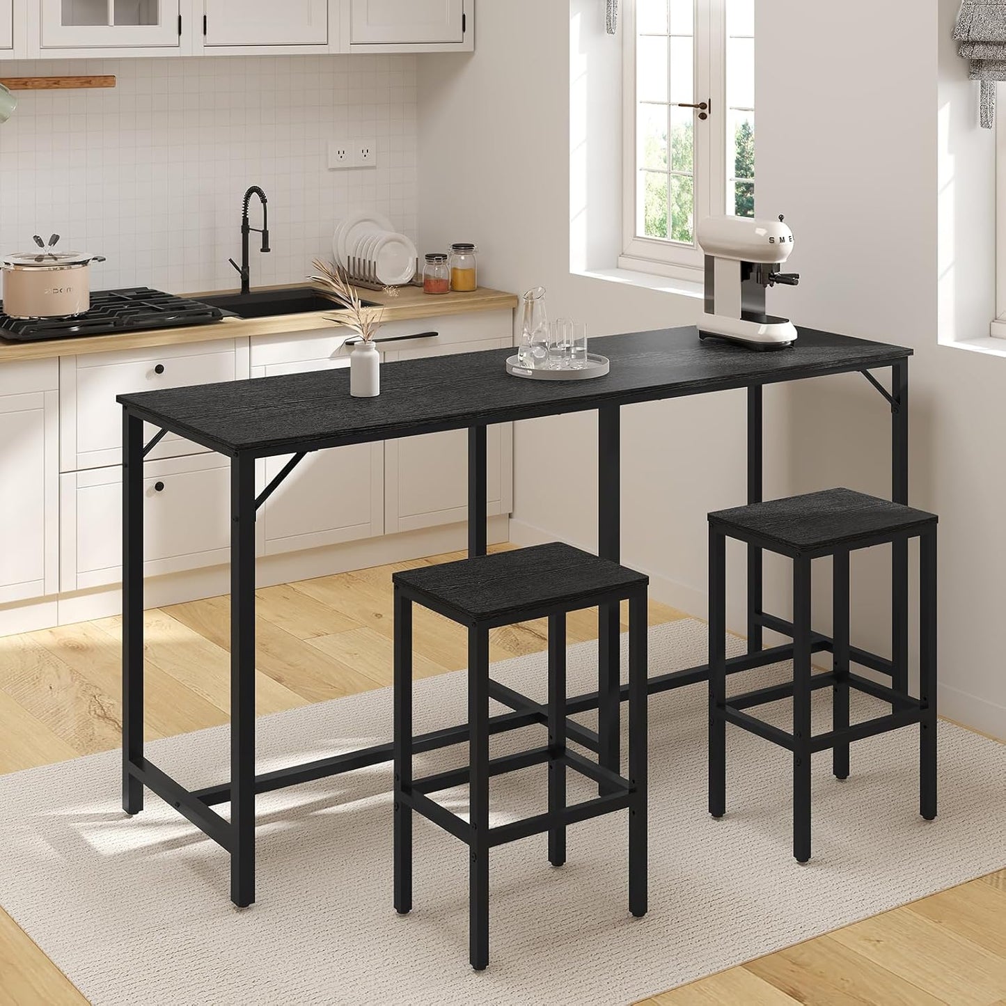 70.9" Bar Table and Chairs Set, Dining Table and Chair Sets, 3 Piece Counter Height Table and 2 Stools, Kithcen Table for Home Restaurant, Bar, Black BT09BB