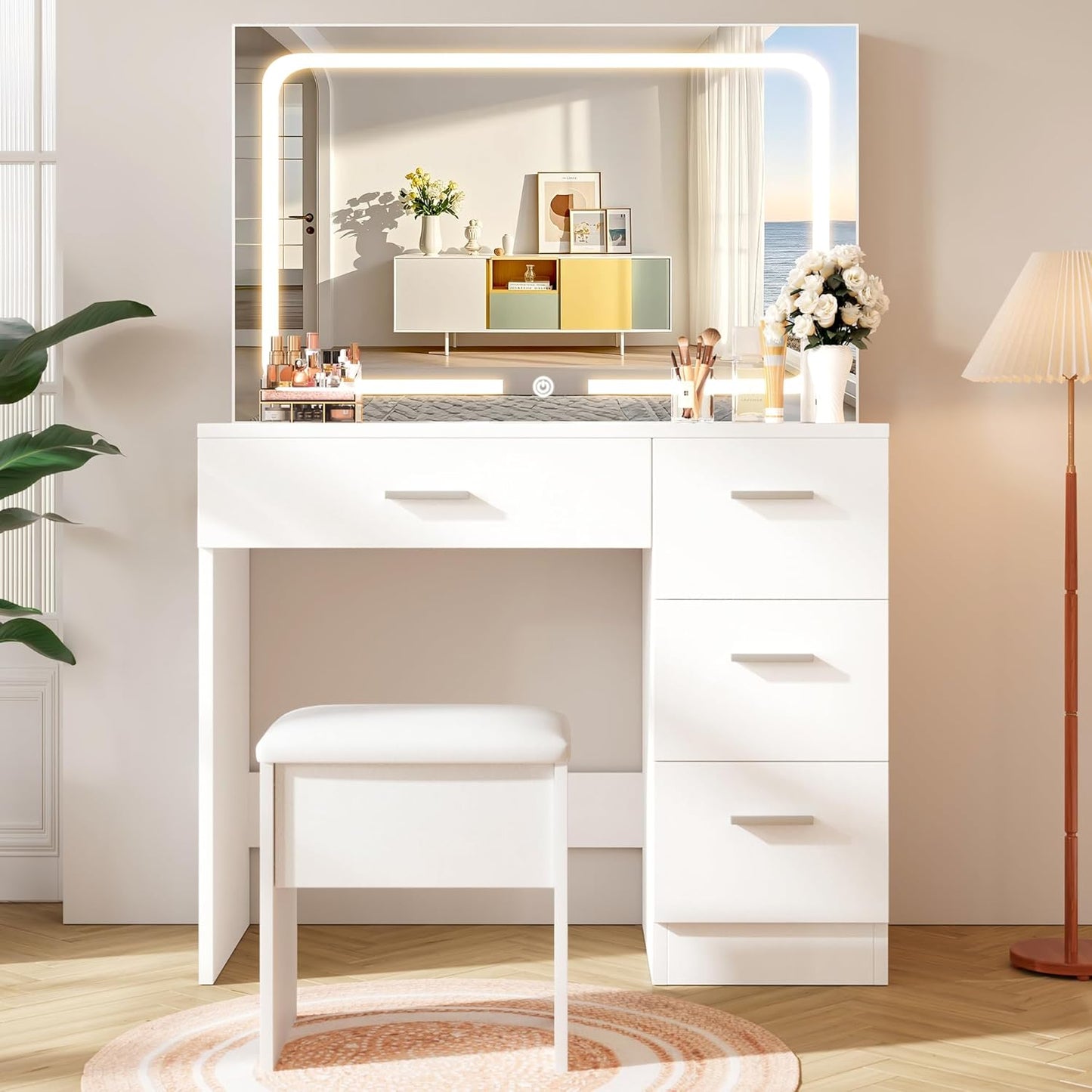 Vanity Desk with LED Mirror, Makeup Vanity with Drawer and Cushion Stool, Dressing Table for Bedrrom, White