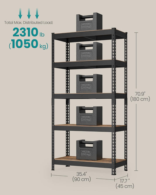 5-Tier Storage Shelves, Load 2310 Lb, Garage Storage, Boltless Assembly, Adjustable Shelving Unit, 17.7 X 35.4 X 70.9 Inches, for Study Shed Basement, Black and Rustic Brown UGLR450B11
