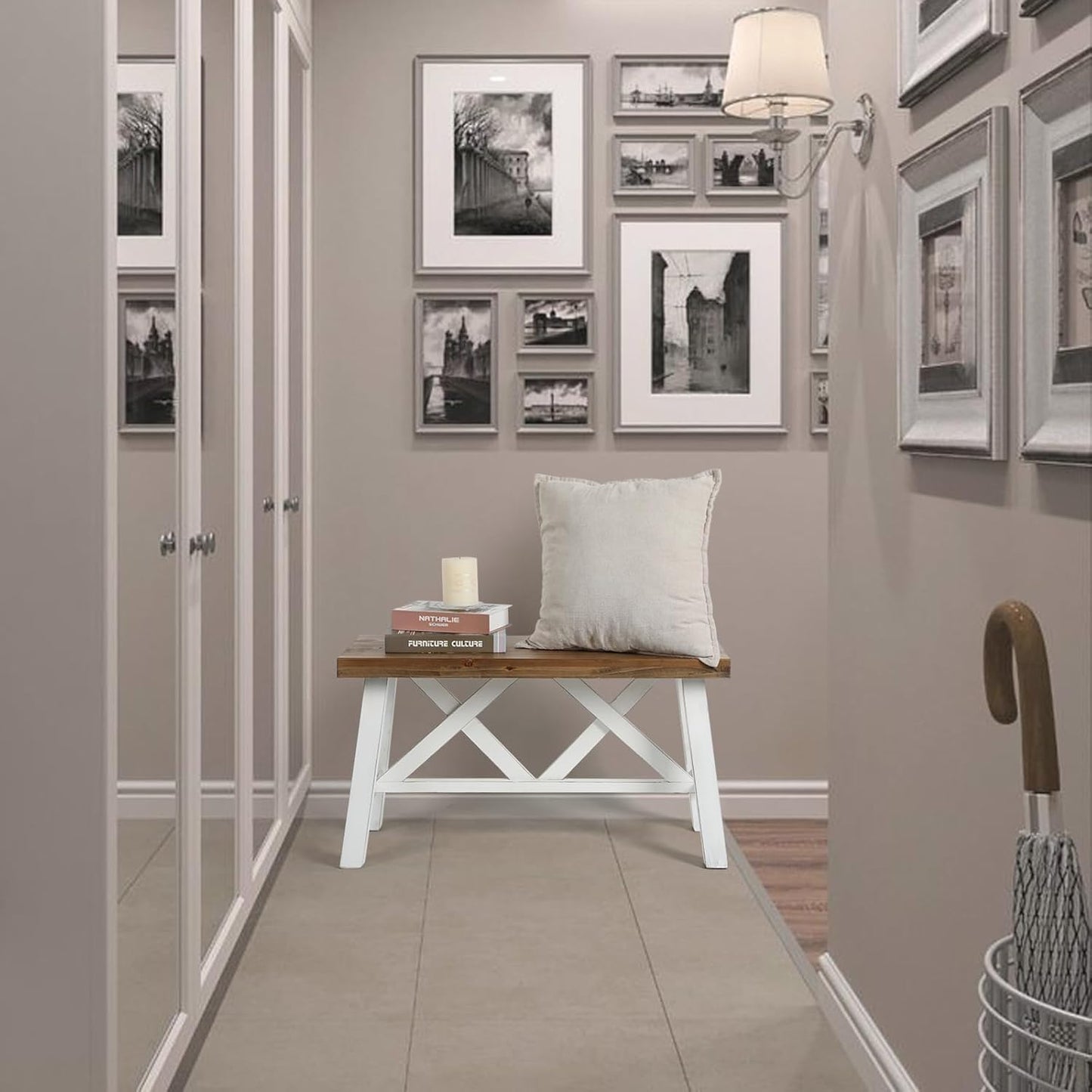 30" Farmhouse Wood Bench, Rustic Solid Wood Entryway Bench Seat with Double X-Structure for Dining Room, Living Room, Hallway, Structural Stability, White