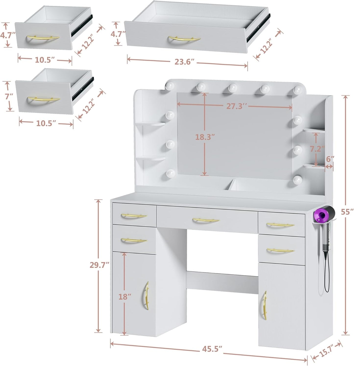 Makeup Vanity Desk with Lights, 45.5" Large Vanity with Mirror and Lights in 3 Models, Vanity with Power Outlet, Vanity Desk with 5 Drawers, 2 Cabinets, Shelves for Bedroom, White