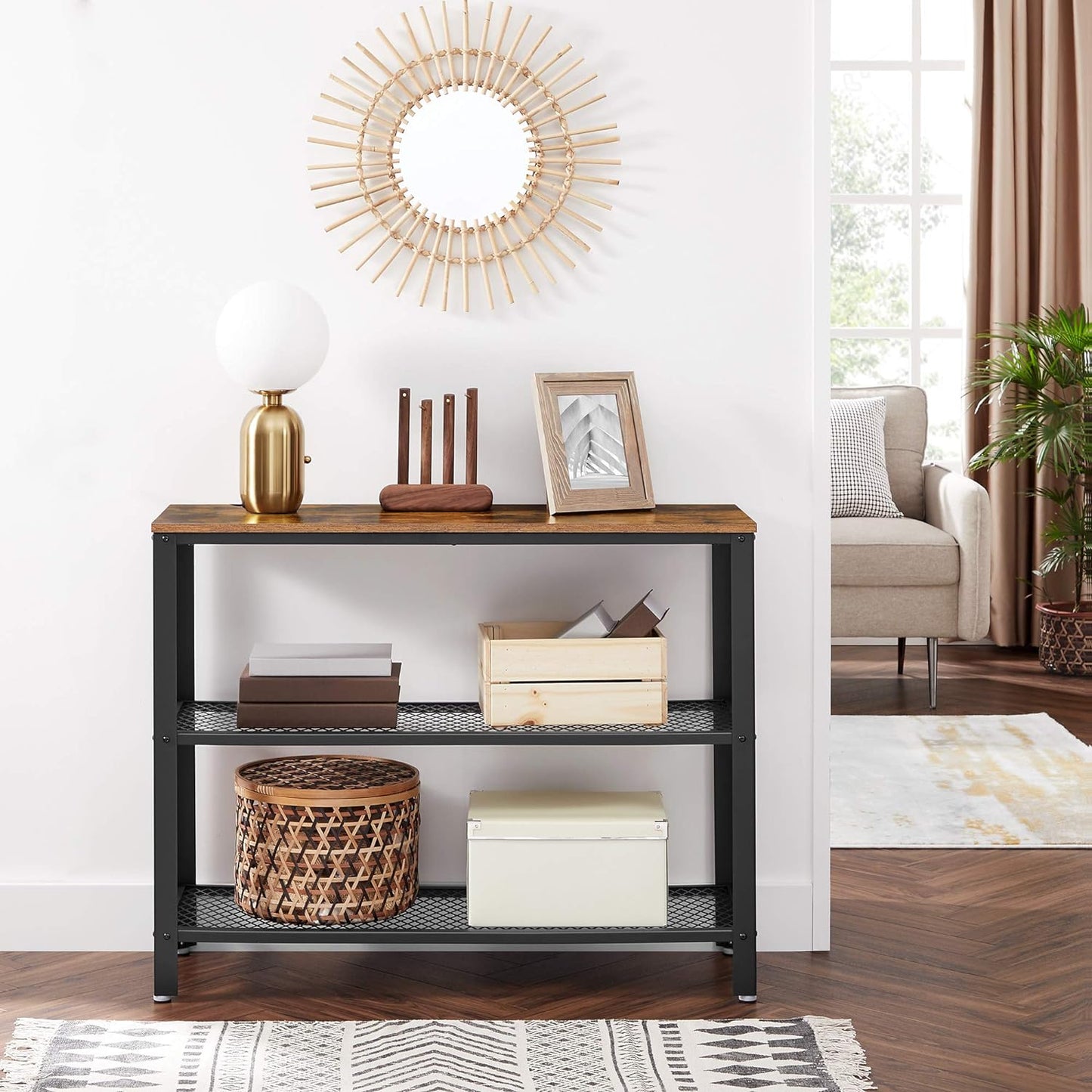 40" Industrial Console Table, 3 Tier Entryway Table with Storage Shelf, Narrow Sofa Tables for Living Room, Hallway, Entrance Hall, Corridor, Bedroom, Rustic Brown and Black ULNT81BX