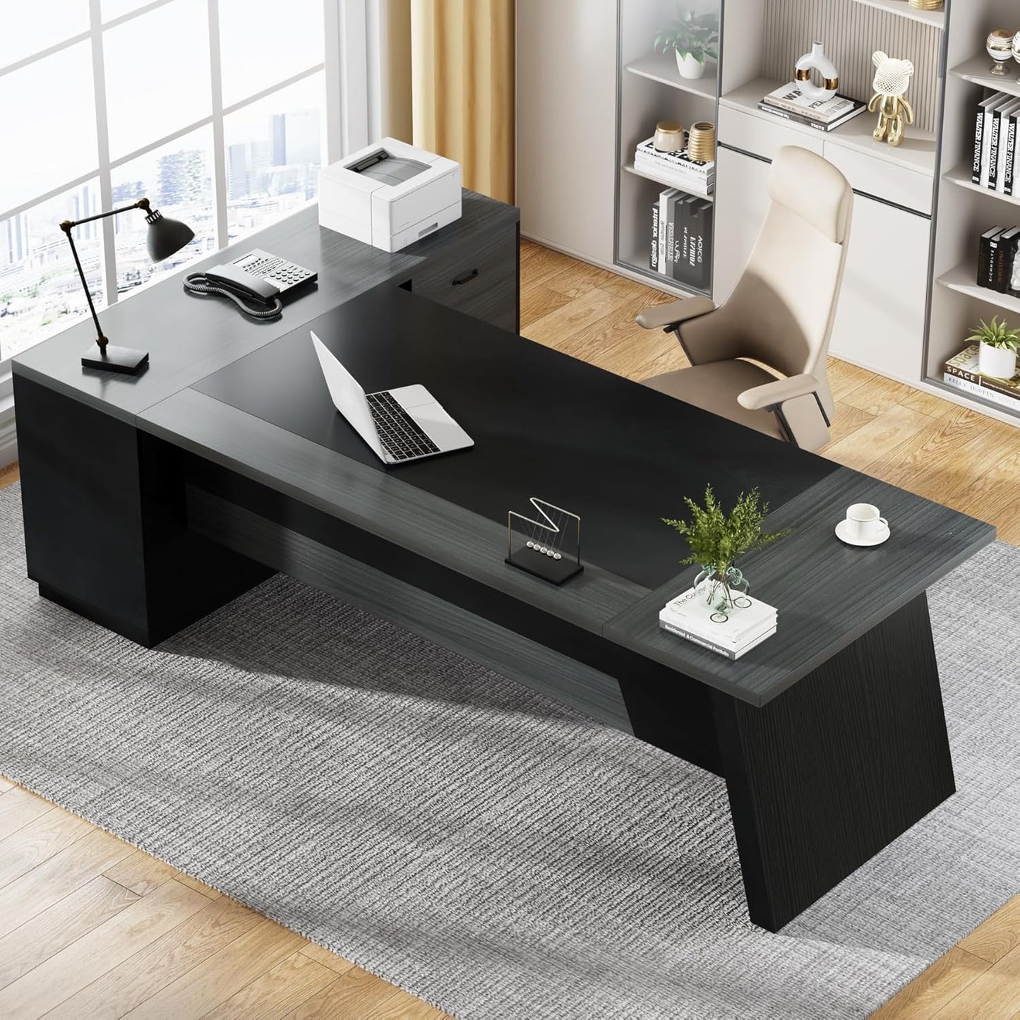 78" L-Shaped Executive Desk, Large Modern Office Desk with Drawers and Lateral File Cabinet, Business Furniture with Storage Shelves, Big Computer Desk for Home Office (Grey + Blcak)