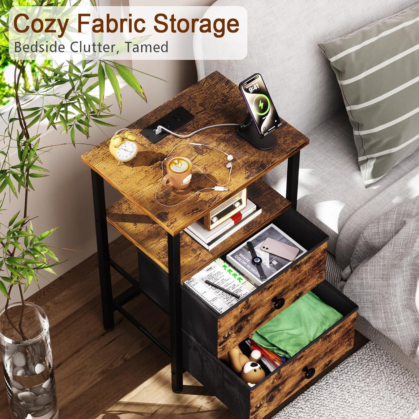 Night Stand, Nightstand with Charging Station, End Table with Storage 2 Fabric Drawers for Bedroom, Small Bed Side Table with USB Ports and Outlets for Living Room, Brown, HETS020BR-1