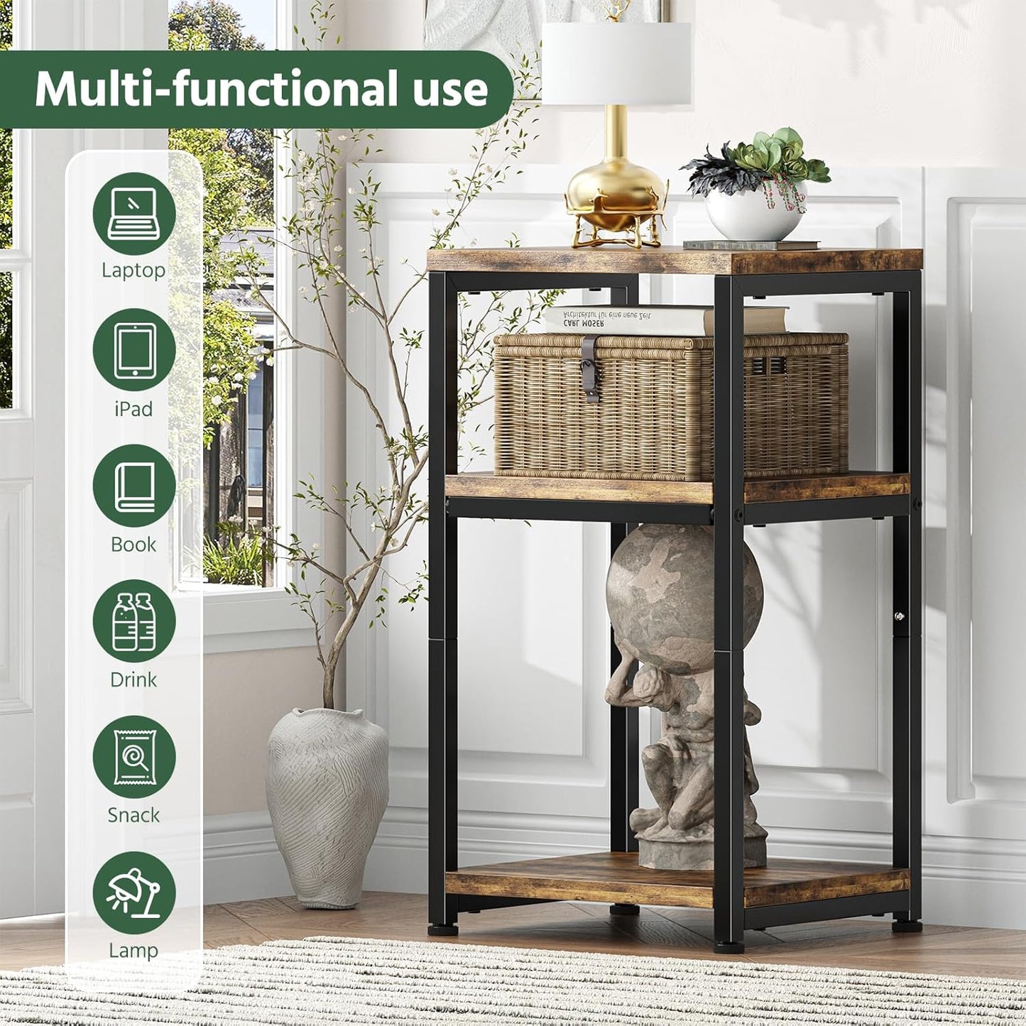 3 Tier Side Table, End Table Night Stand Sofa Table Shelf for Living Room, Rustic Brown