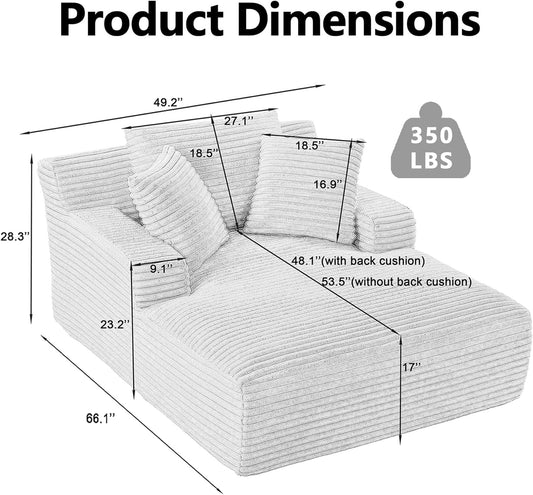 67" Chaise Lounge Indoor, Oversized Chaise Lounge Chair with 3 Comfy Pillows for Living Room Bedroom, Wide Arms Corduroy Fabric High-Density Foam No Assembly Required (Grey)