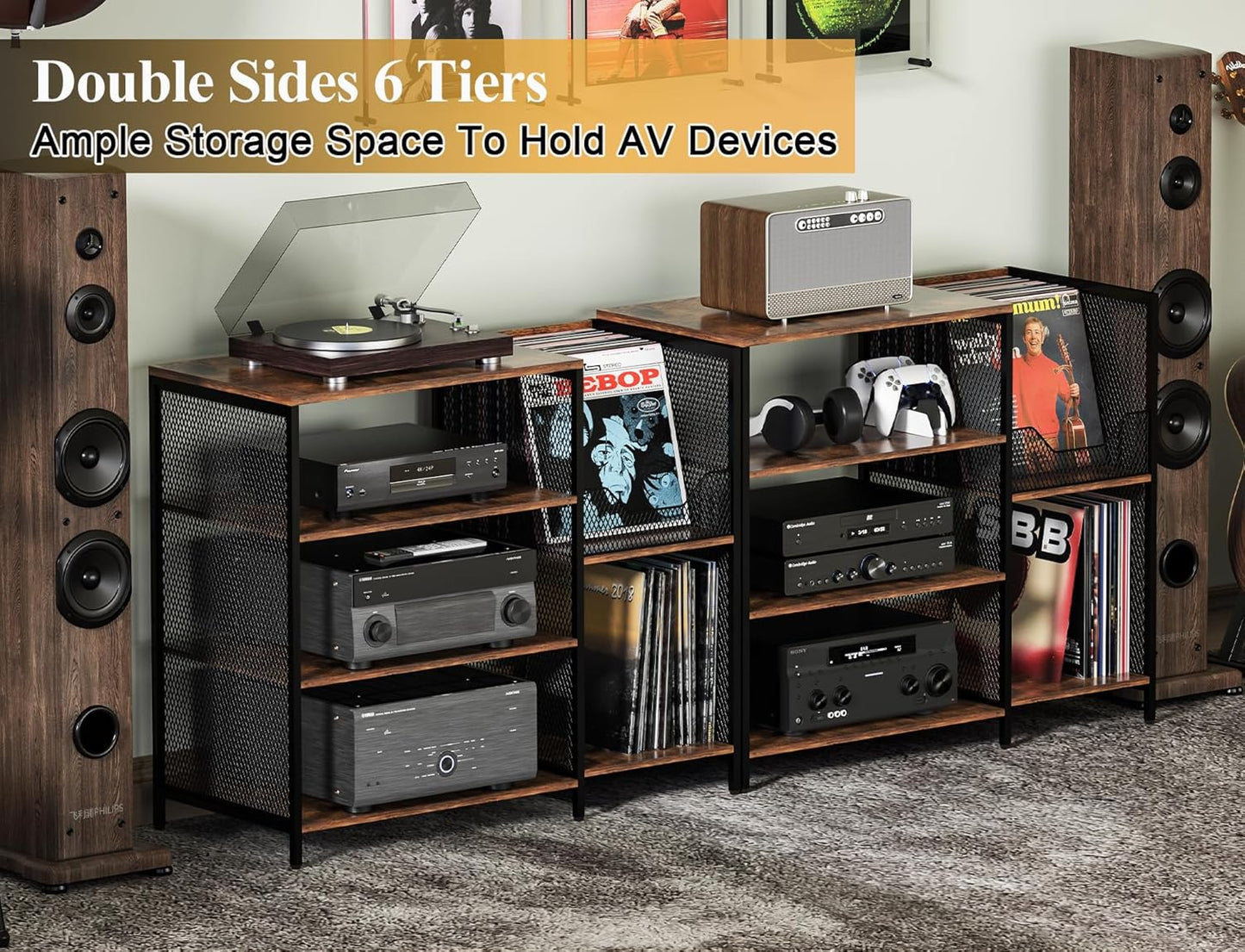 Large Record Player Stand Table with Vinyl Record Holder up to 150PCS, AV Media Stand Stereo Cabinet Shelf Rack Tower with Storage, Sturdy, Adjustable Feet, Rustic, Large Capacity