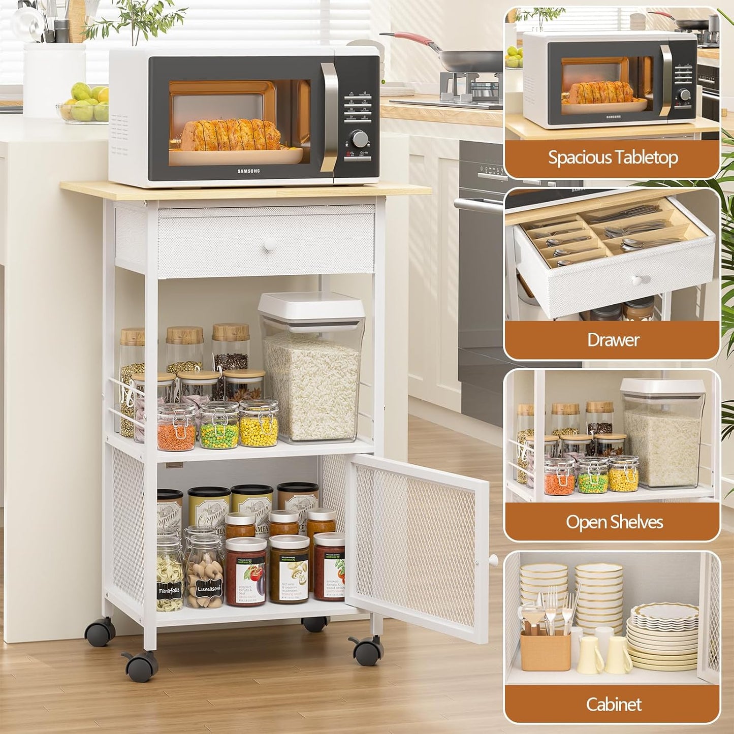 4 Tier Kitchen Island with Cabinet, Microwave Cart with Storage, Small Rolling Kitchen Cart with Drawer, Coffee Bar Station on Wheels for Living Room, White