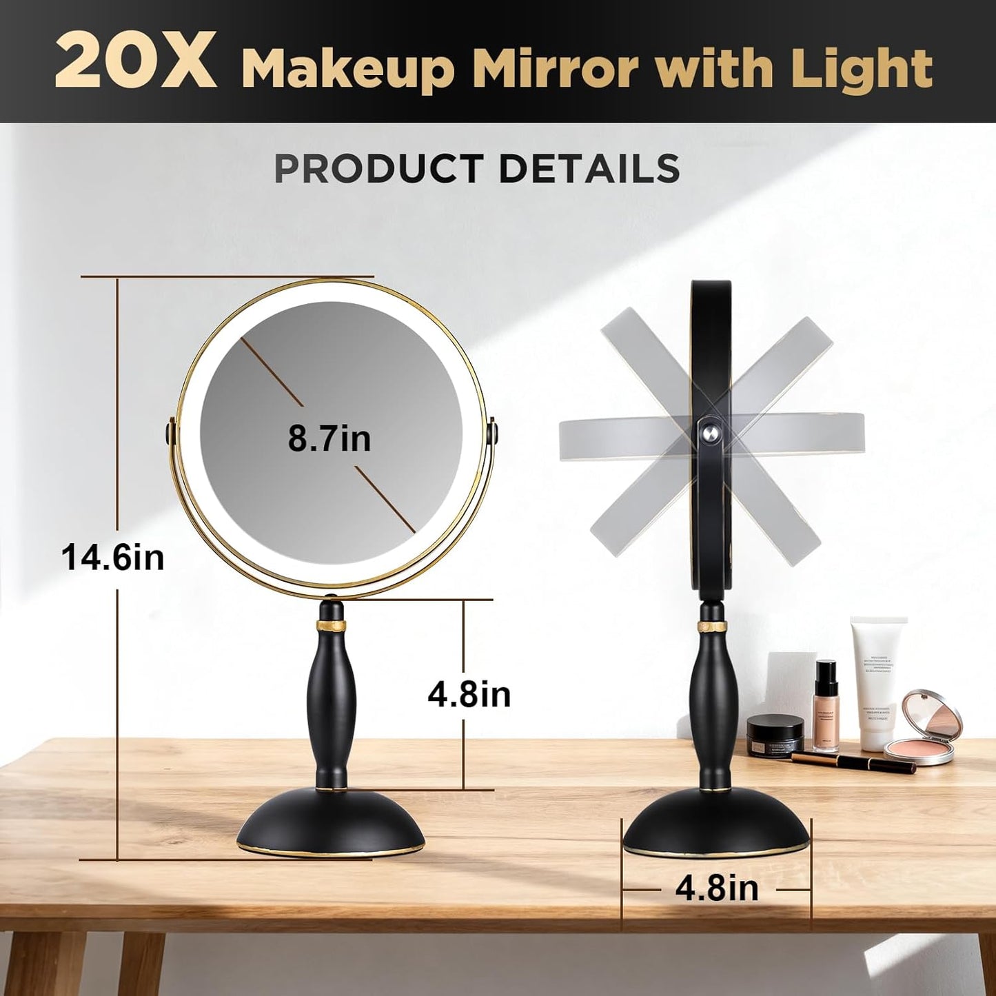 Lighted Makeup Mirror, 20X Magnifying Rechargeable Double Side Vanity Mirror, 3 Color Lights with Brightness Adjustable, Matte Black with Gold Trim, Modern Style Side Touch + Side Charge, Women Gift